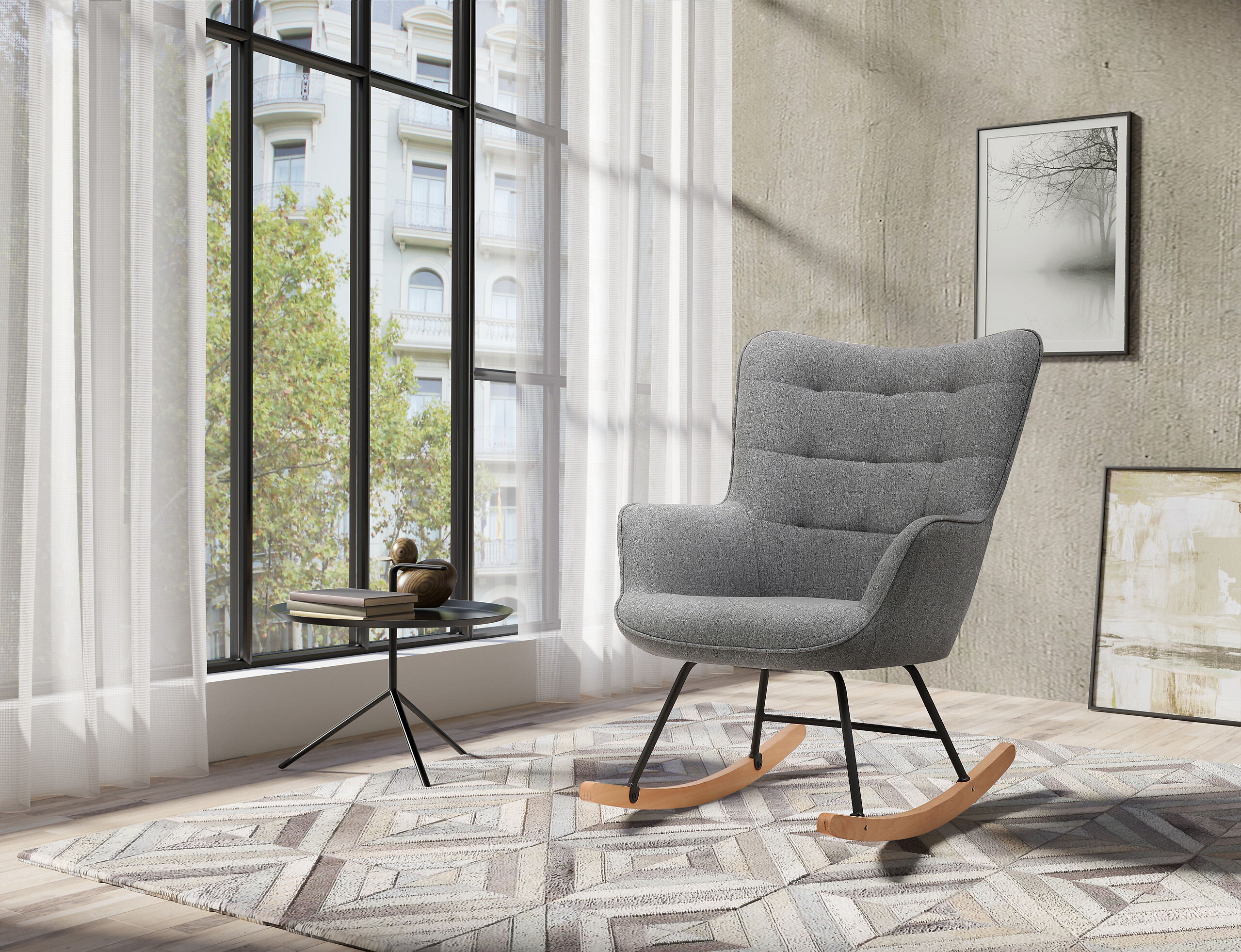 byLIVING Schaukelstuhl RICHIE grau schwarz natur Webstoff Metall Buche B/H/T: ca. 72x92x92 cm byLIVING Schaukelstuhl RICHIE grau schwarz natur Webstoff Metall Buche B/H/T: ca. 72x92x92 cm