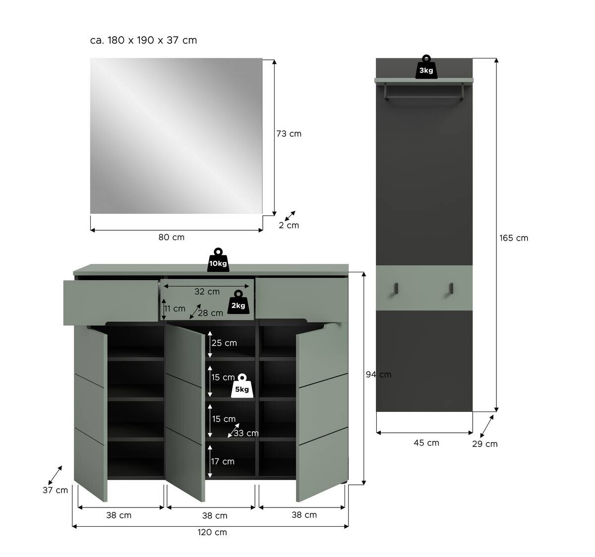 Garderobe Canu grün basaltgrau Nachbildung B/H/T: ca. 180x190x37 cm
