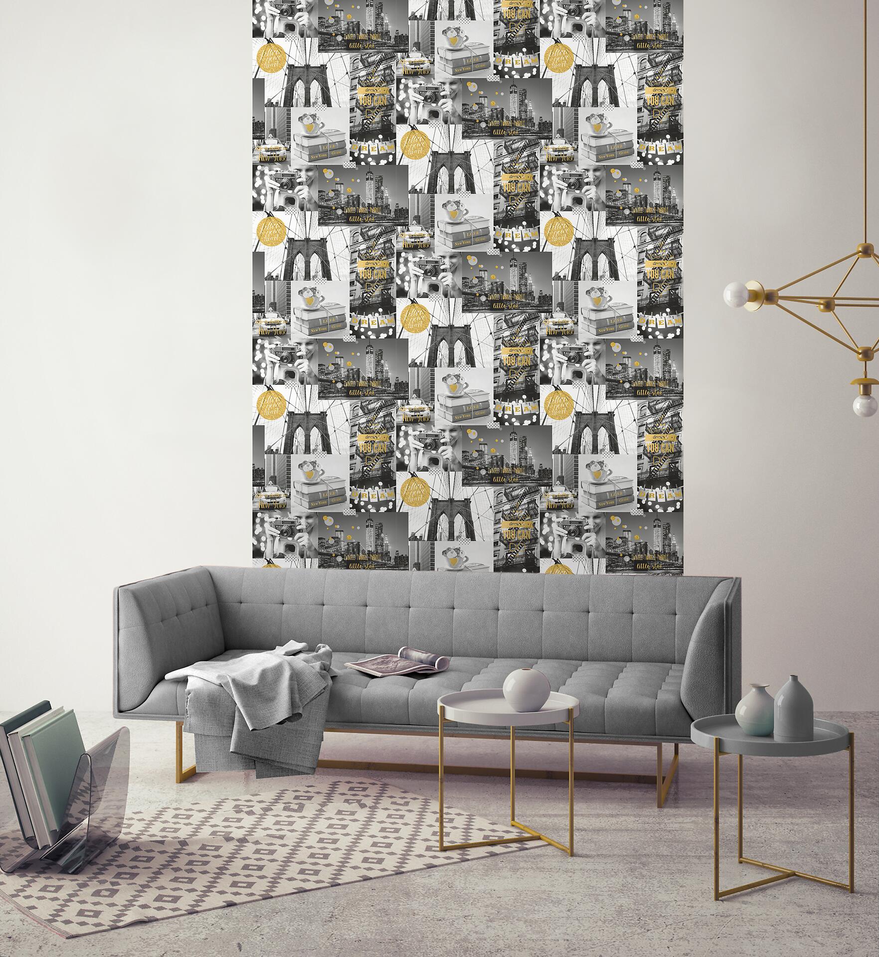 Papiertapete New York grau schwarz gelb B/L: ca. 53x1005 cm