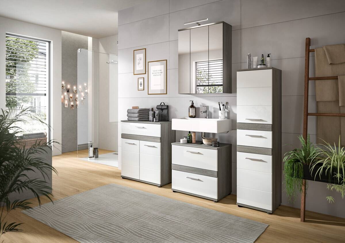 Badezimmer-Set BLAKE Rauchsilber Nachbildung weiß Hochglanz B/H/T: ca. 60x191x34 cm Badezimmer-Set BLAKE Rauchsilber Nachbildung weiß Hochglanz B/H/T: ca. 60x191x34 cm