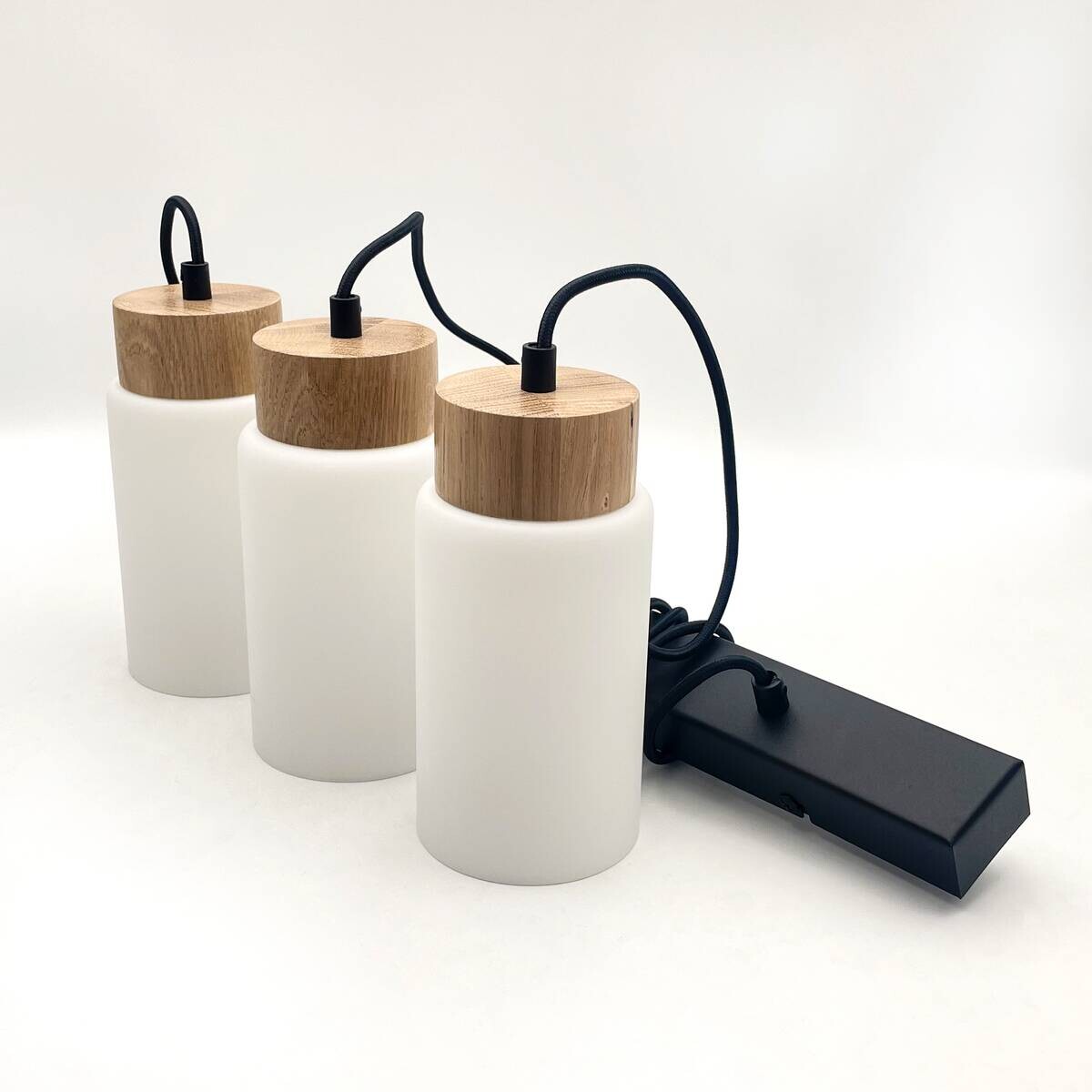 Lamkur Hängeleuchte Marcus schwarz Glas Stahl Holz B/H/L: ca. 65x20x20 cm E27 3 Brennstellen