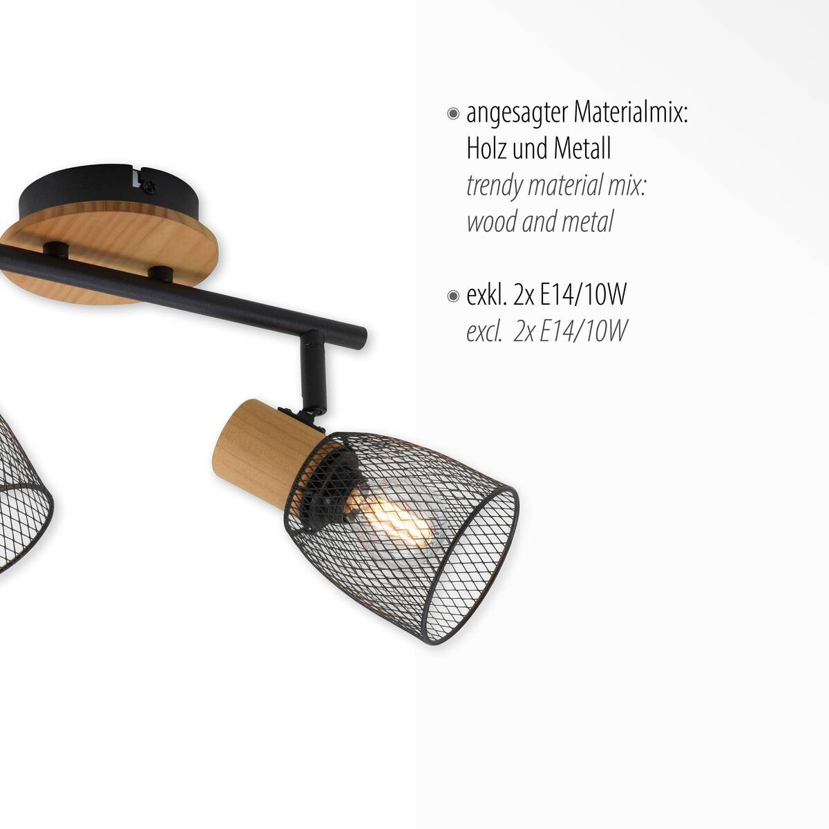 Just Light Spotbalken TAMIS 15192-79 natur schwarz Holz Metall B/H/T: ca. 46,5x22x18 cm E14 2 Brennstellen