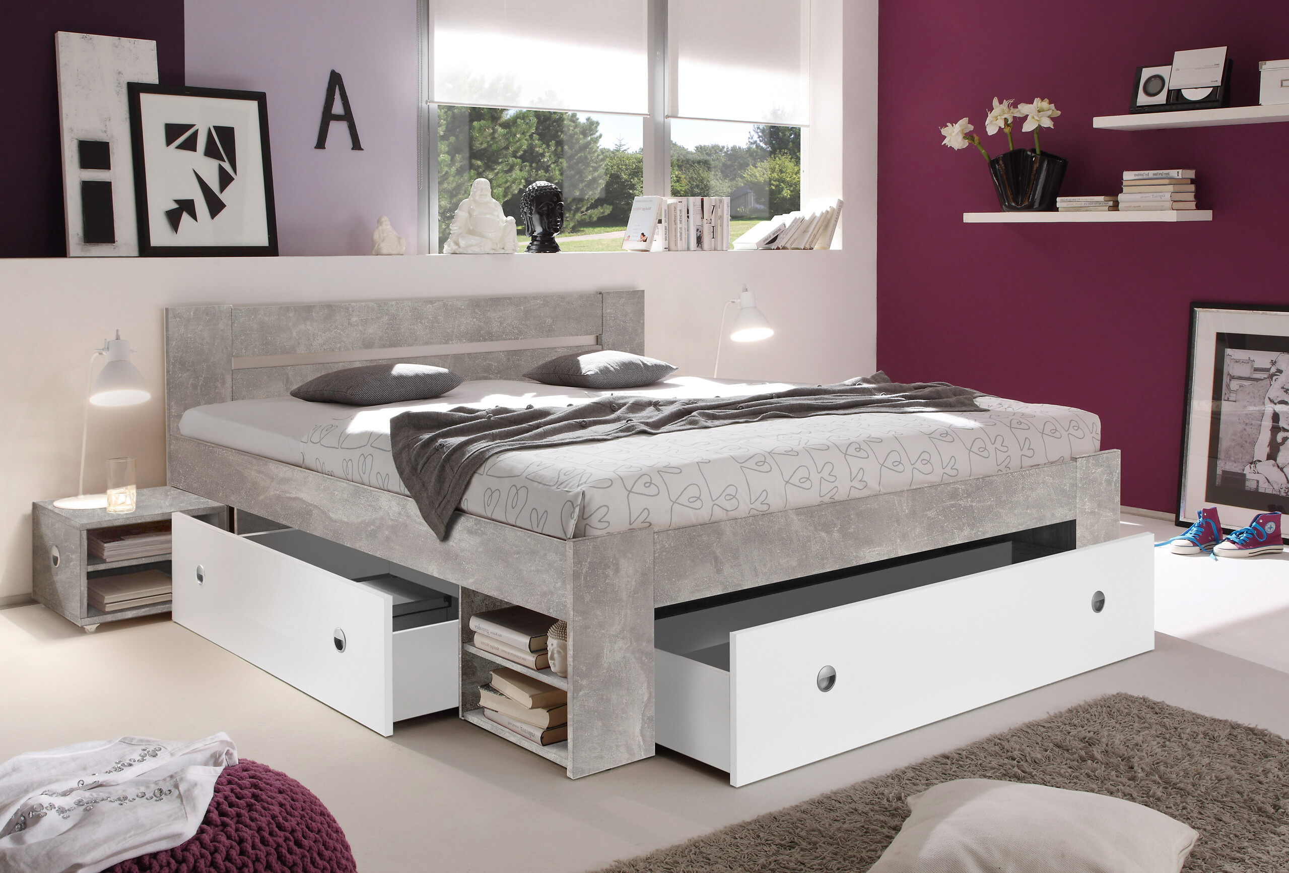 Funktionsbett Stefan Beton Optik weiß Liegefläche B/L: ca. 140x200 cm