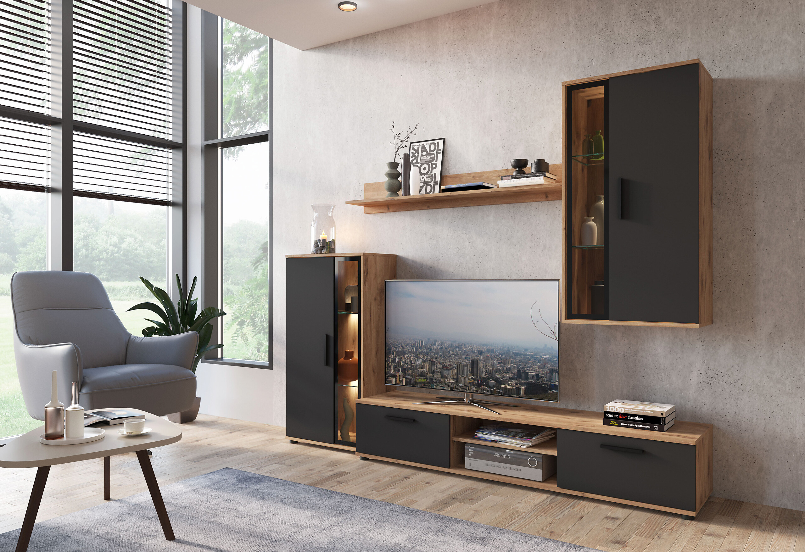 Wohnwand Neon Eiche Viking Nachbildung anthrazit B/H/T: ca. 233x190x40 cm