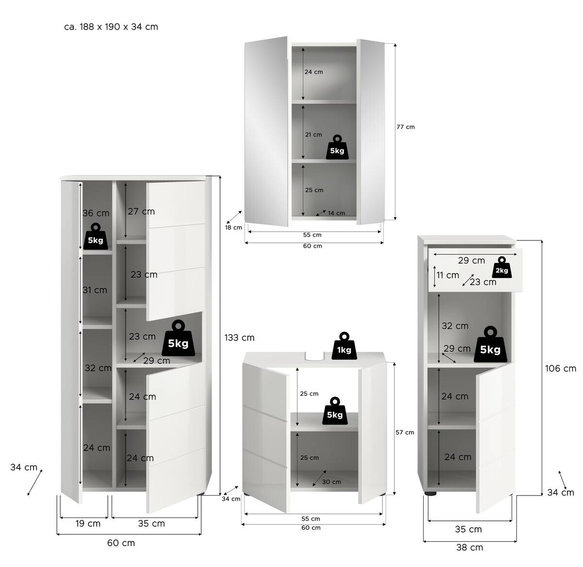 Badezimmer-Set VIRA weiß weiß Hochglanz B/H/T: ca. 188x190x34 cm