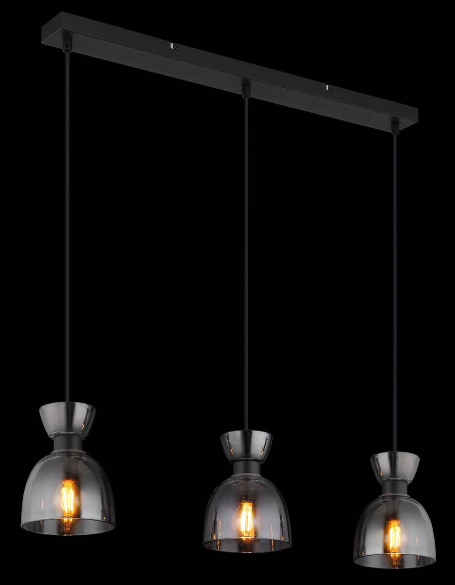 GLOBO Pendelleuchte schwarz Rauch mattschwarz Metall Glas B/H: ca. 65x120 cm E14 3 Brennstellen