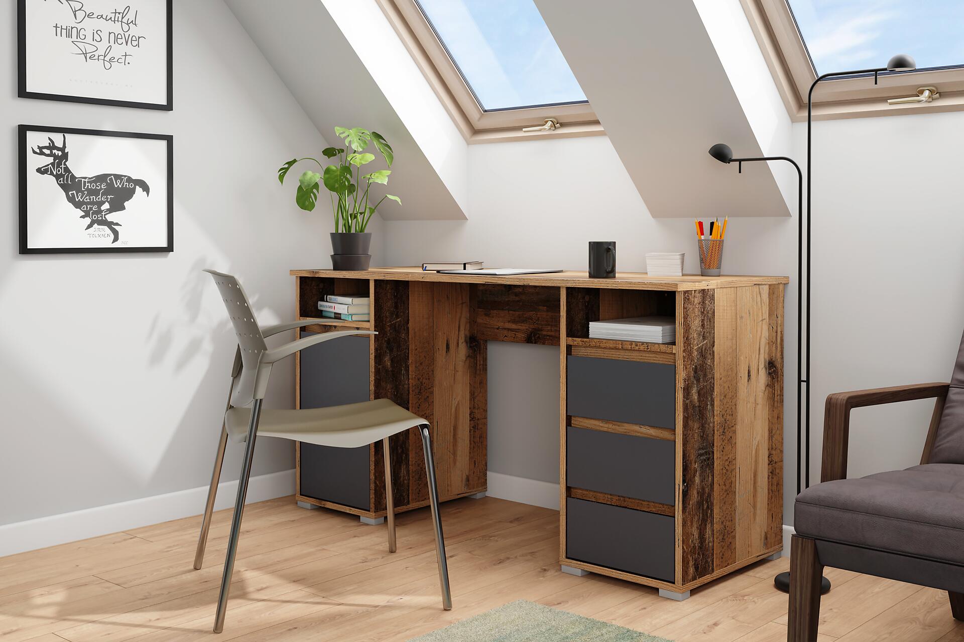 Schreibtisch LOBO Eiche Old Wood Nachbildung anthrazit B/H/T: ca. 138x75x55 cm Schreibtisch LOBO Eiche Old Wood Nachbildung anthrazit B/H/T: ca. 138x75x55 cm