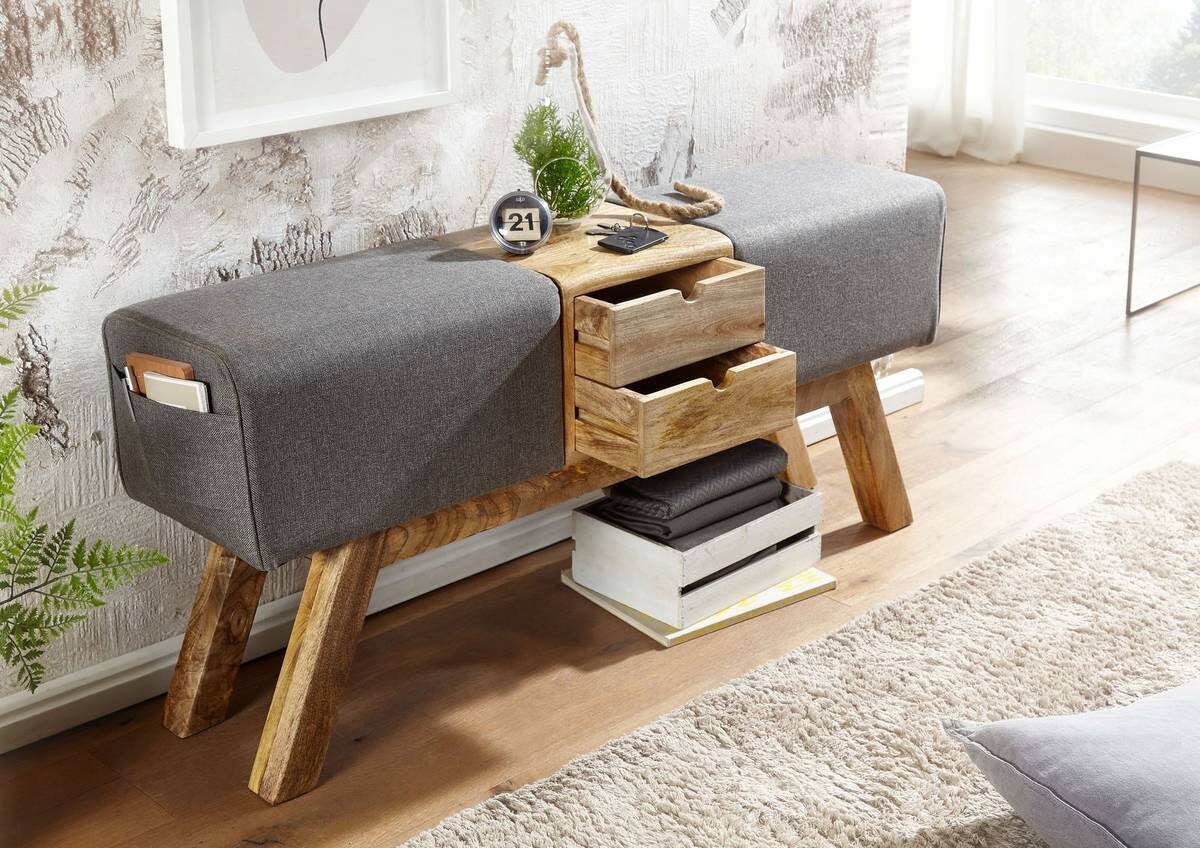 Wohnling Sitzbank grau natur Stoff Echtholz B/H/T: ca. 120x56x30 cm