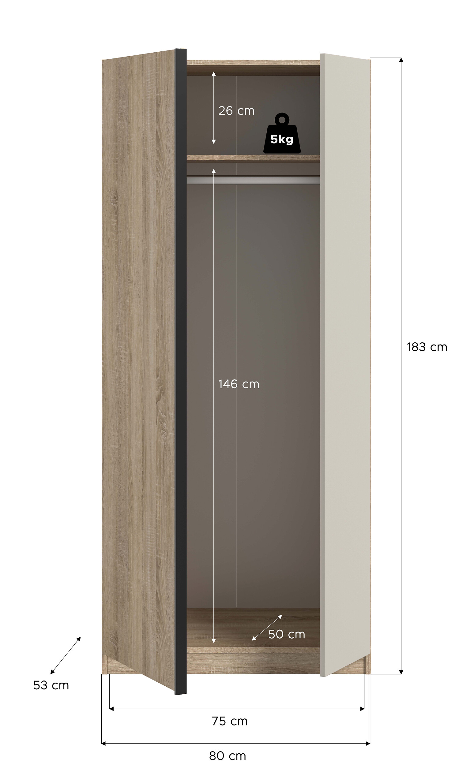 Kleiderschrank OAKLAND Eiche Sonoma Nachbildung Cashmere B/H/T: ca. 80x183x53 cm