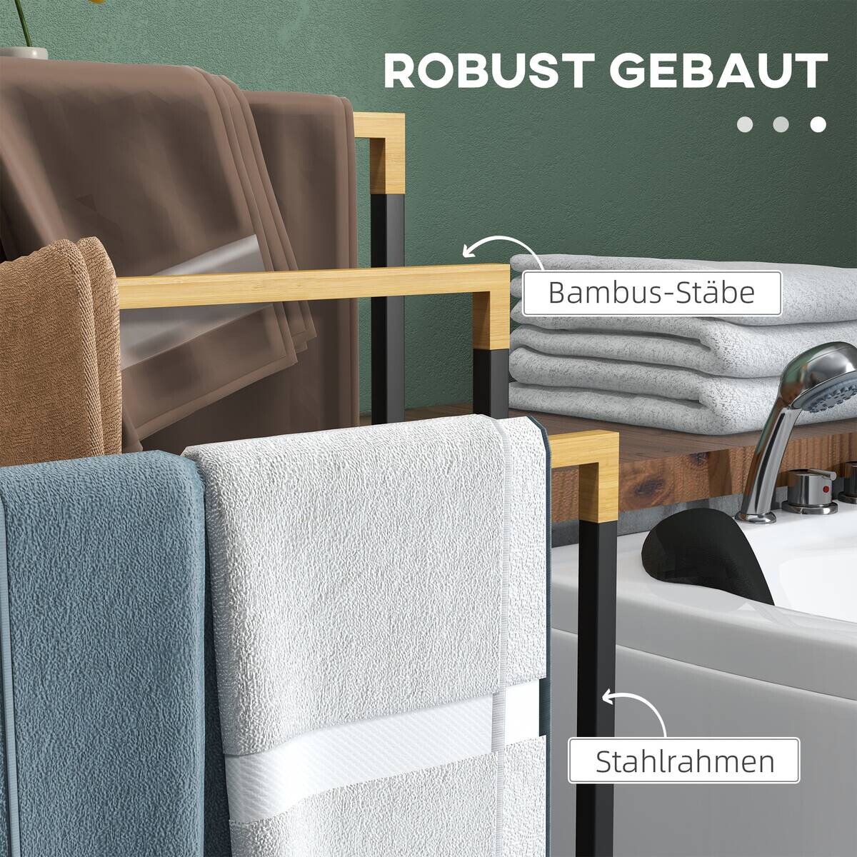 kleankin Handtuchhalter schwarz natur Bambus Edelstahl Polypropylen B/H/L: ca. 22,5x45x86 cm