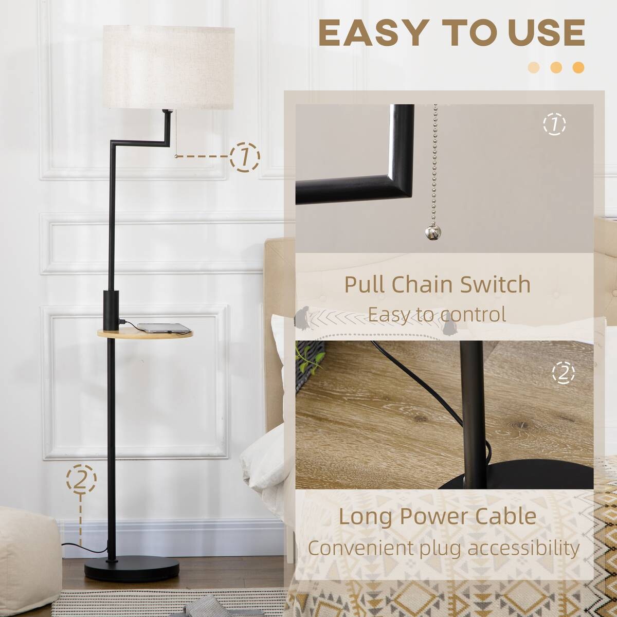 HOMCOM Stehleuchte cremeweiß Stahl Bambus Polyester B/H/T: ca. 40x168x40 cm