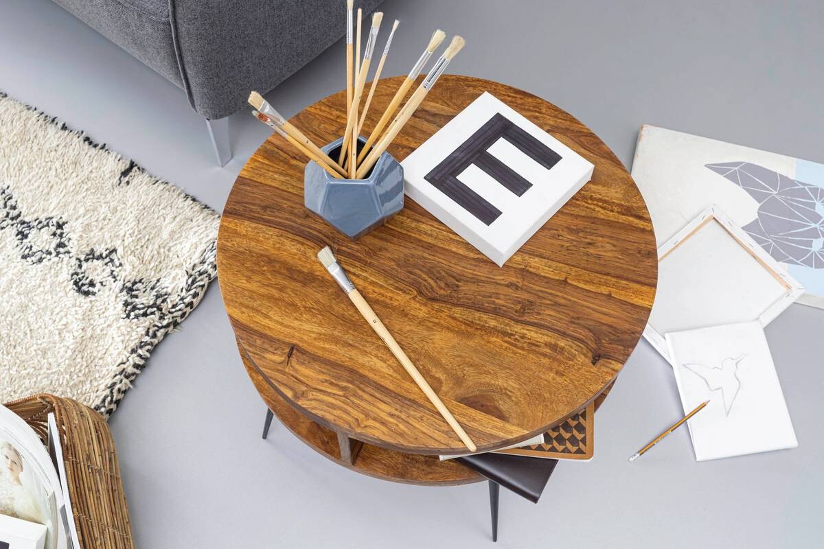 Wohnling Couchtisch natur schwarz Echtholz Edelstahl