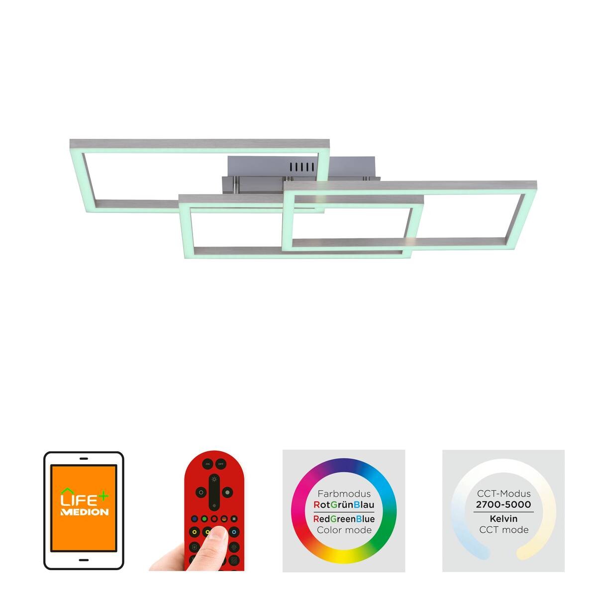 Just Light Smarte LED-Deckenleuchte MAXI 16431-55 stahlfarbig weiß Metall Kunststoff B/H/T: ca. 50x10,5x82 cm 3 Brennstellen
