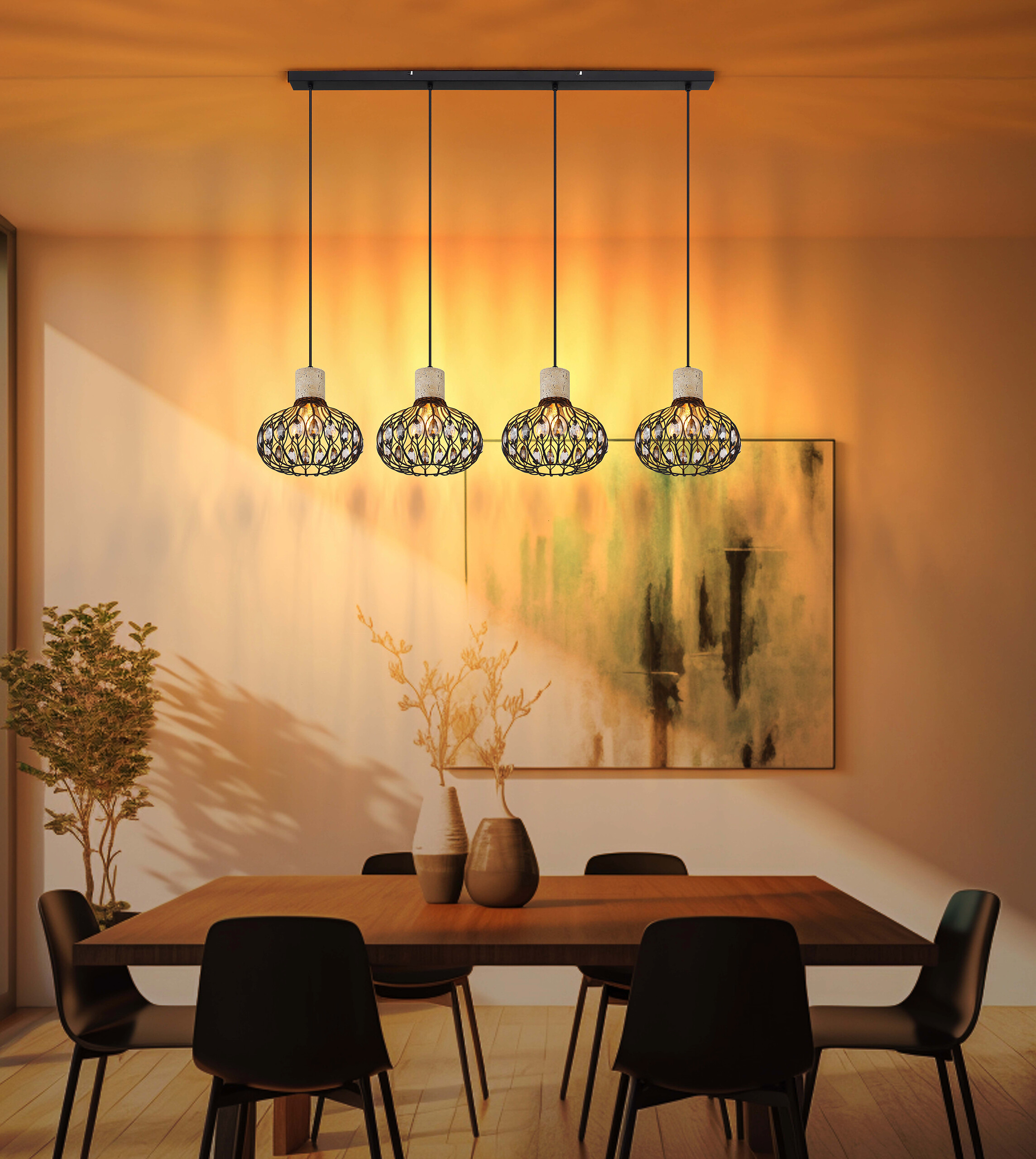 GLOBO Hängeleuchte grau Rauch mattschwarz Glas Metall B/H/L: ca. 25x150x115 cm E27 4 Brennstellen