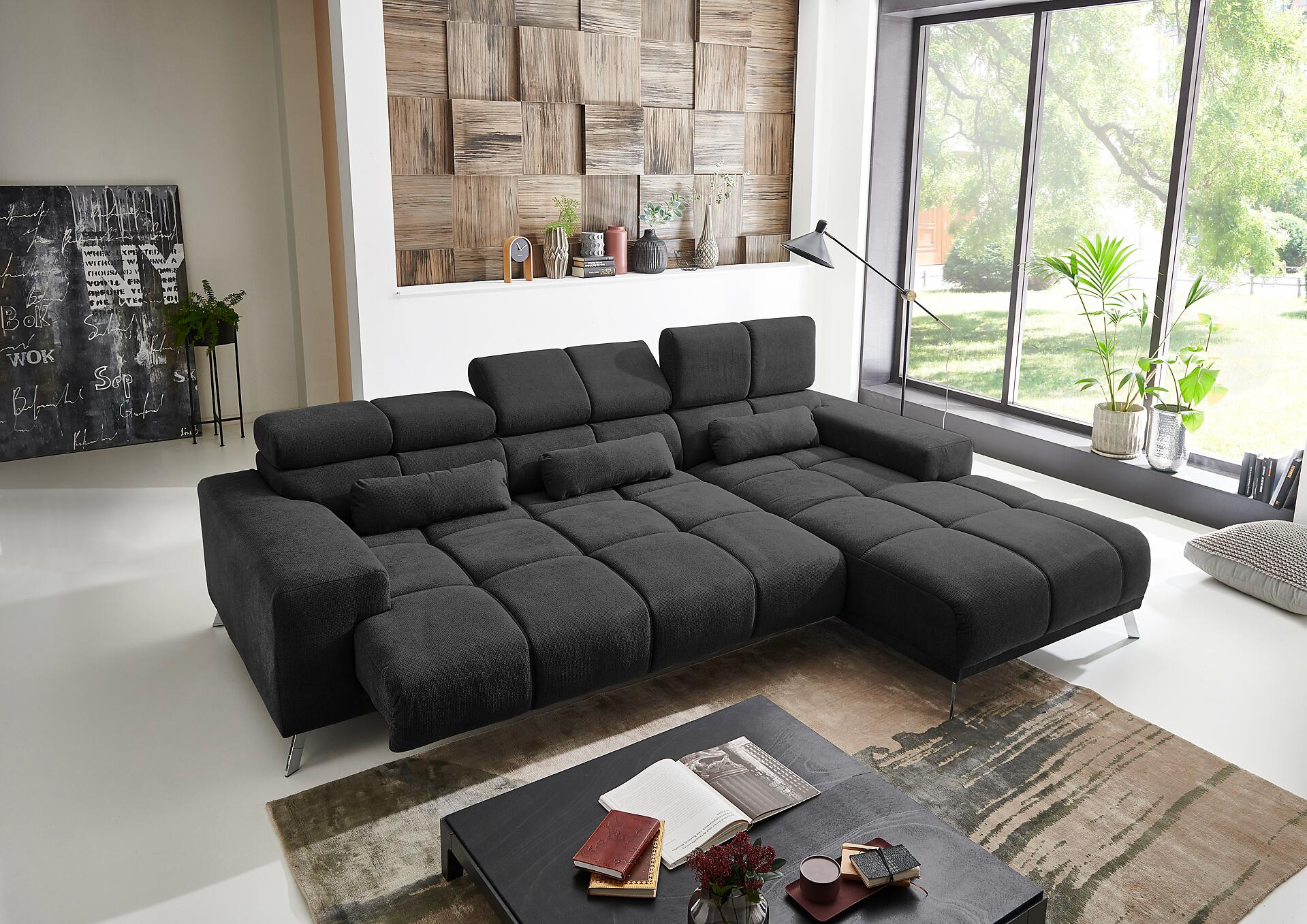 Ecksofa mit elektrischer Sitztiefenverstellung schwarz Flachgewebe B/H/T: ca. 285x99x201 cm