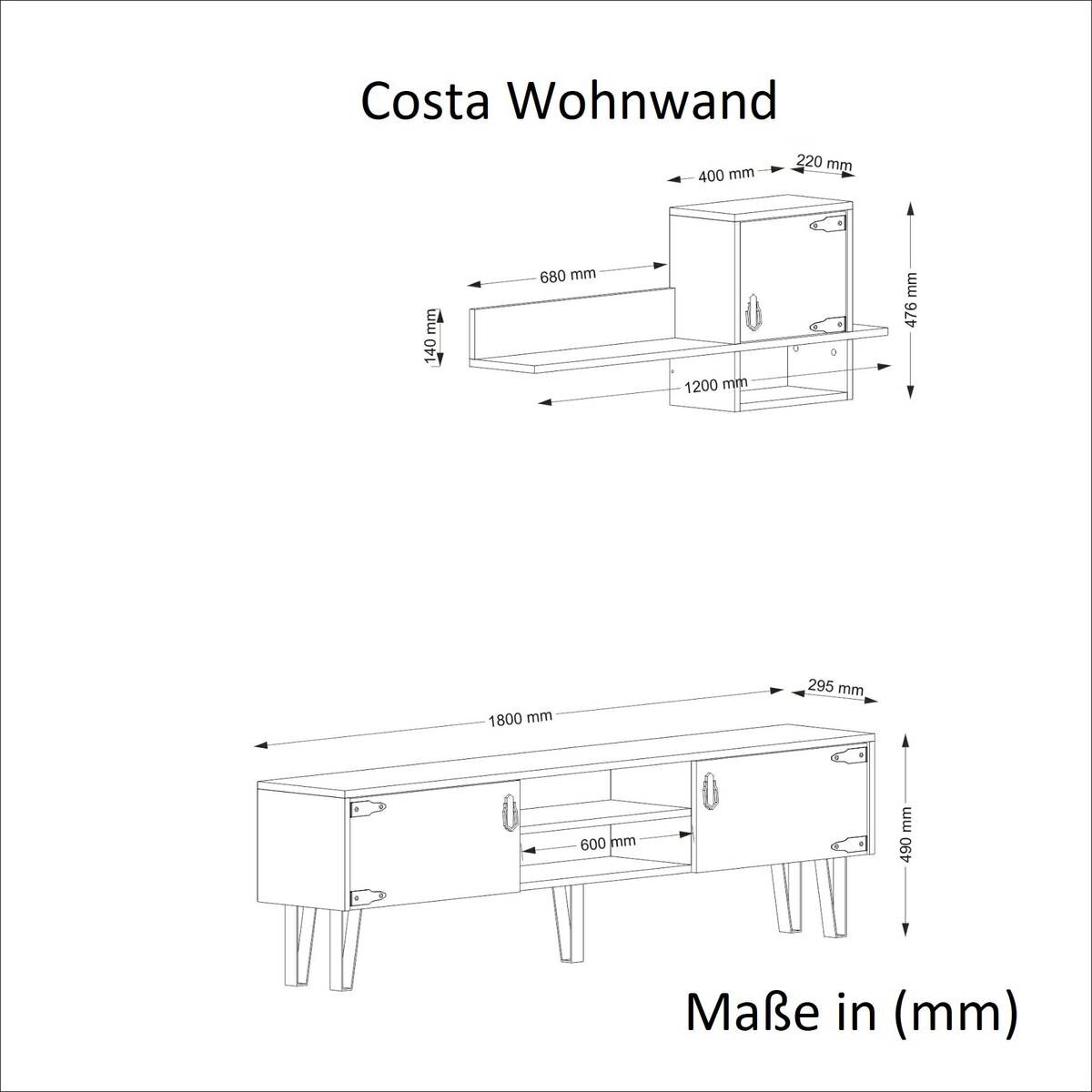Wohnwand Costa Eiche Nachbildung B/H/T: ca. 180x49x29,5 cm