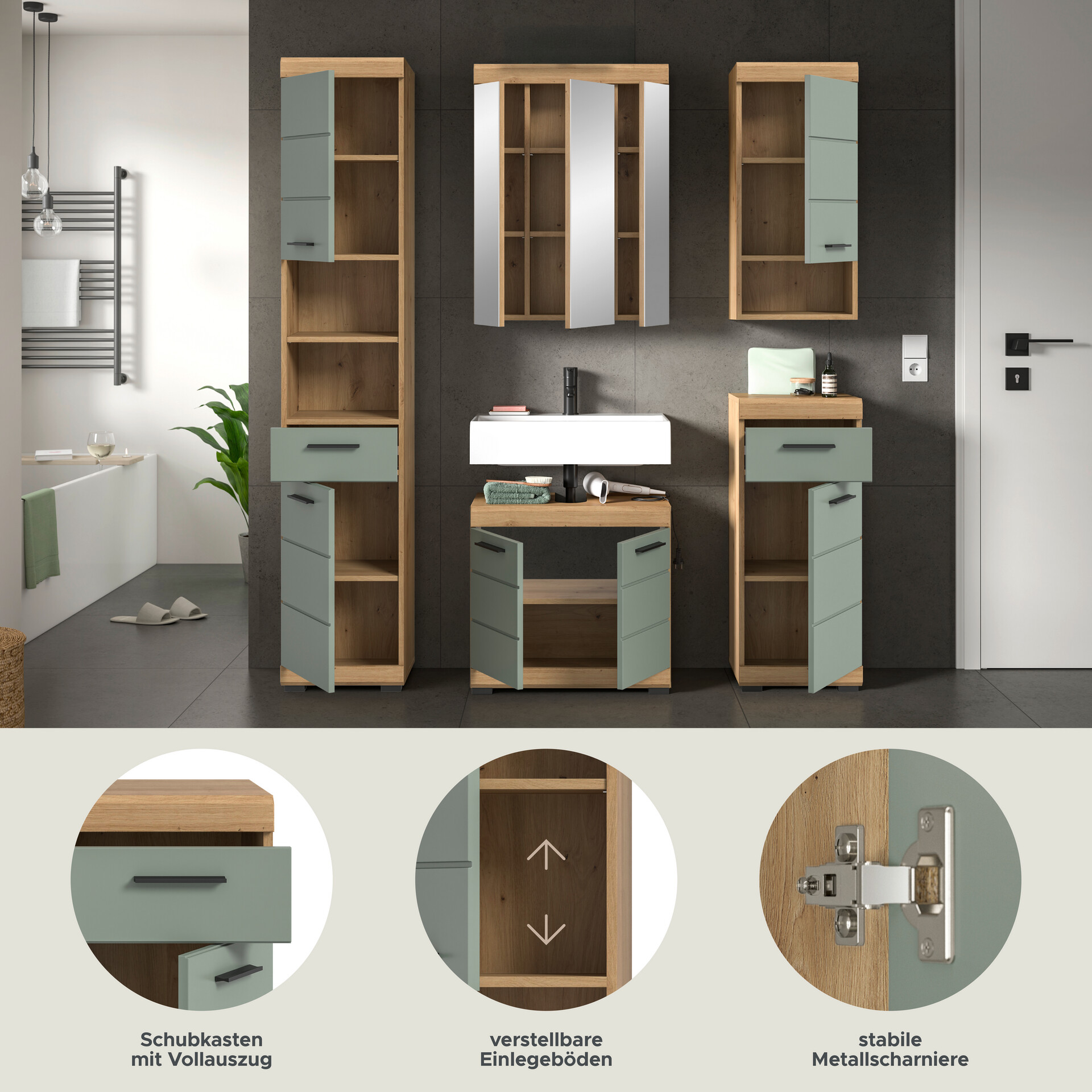 Badezimmer-Set Scout Eiche Artisan Nachbildung salbei Nachbildung B/H/T: ca. 164x191x34 cm