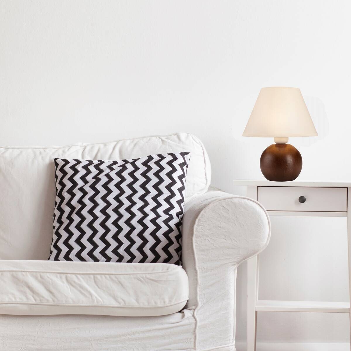 Lamkur Tischleuchte Ball natur Stahl Holz Stoff H/L: ca. 24x19 cm E27 1 Brennstellen