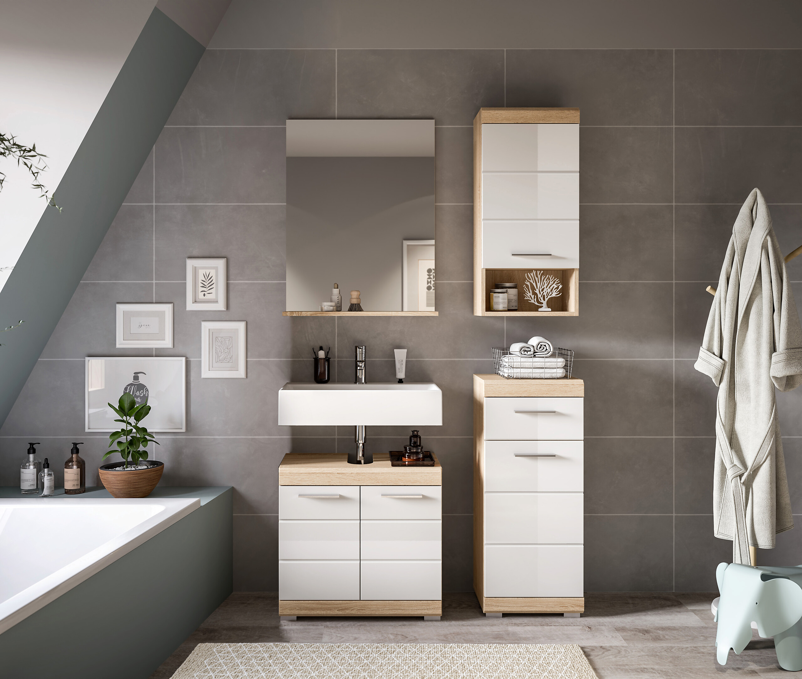 Badezimmer-Set Lambada Eiche Sonoma Nachbildung weiß Hochglanz B/H/T: ca. 112x191x34 cm