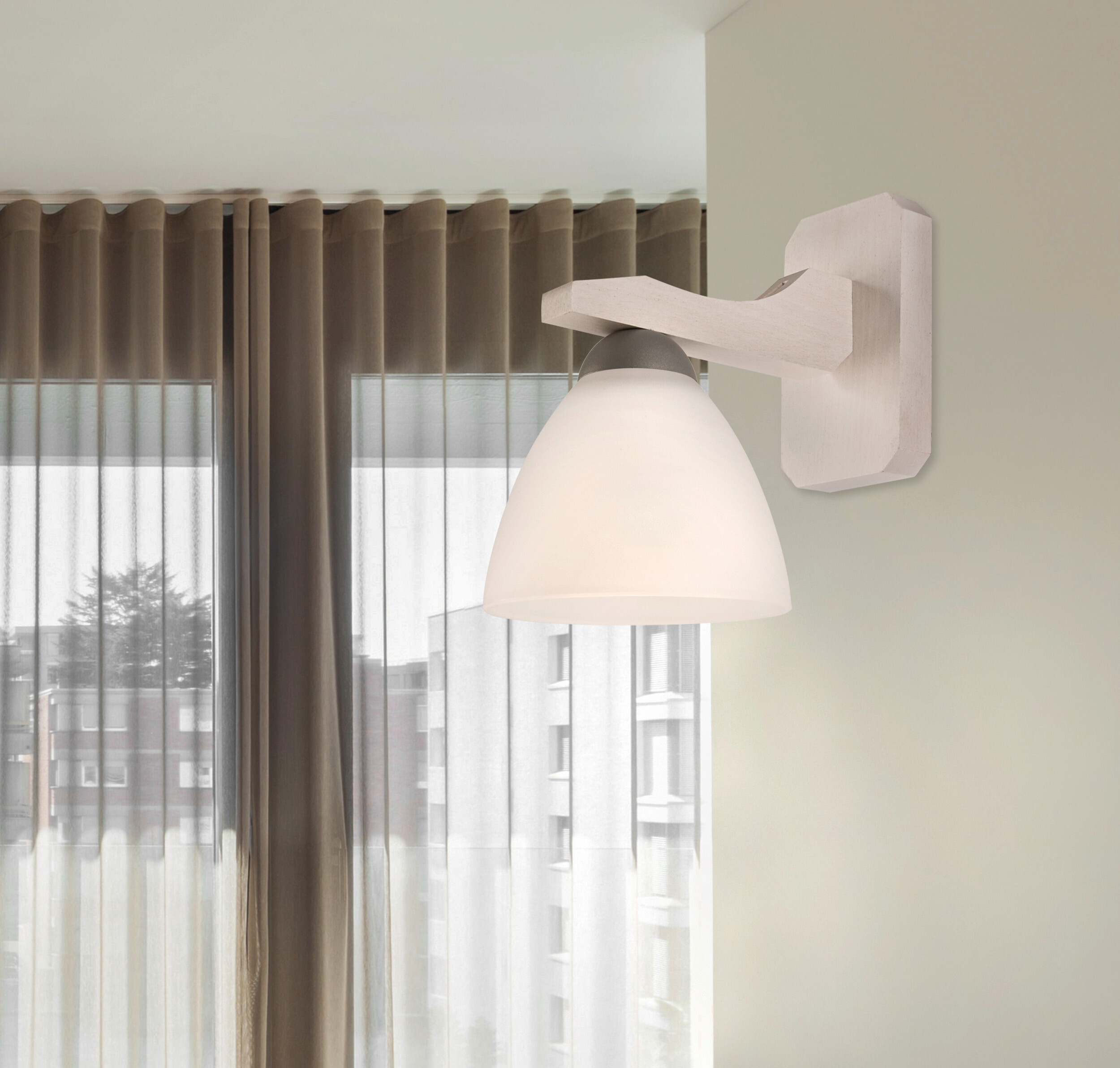 Lamkur Wandleuchte weiß buche Glas Stahl Holz B/H/L: ca. 20x20x30 cm E27 1 Brennstellen