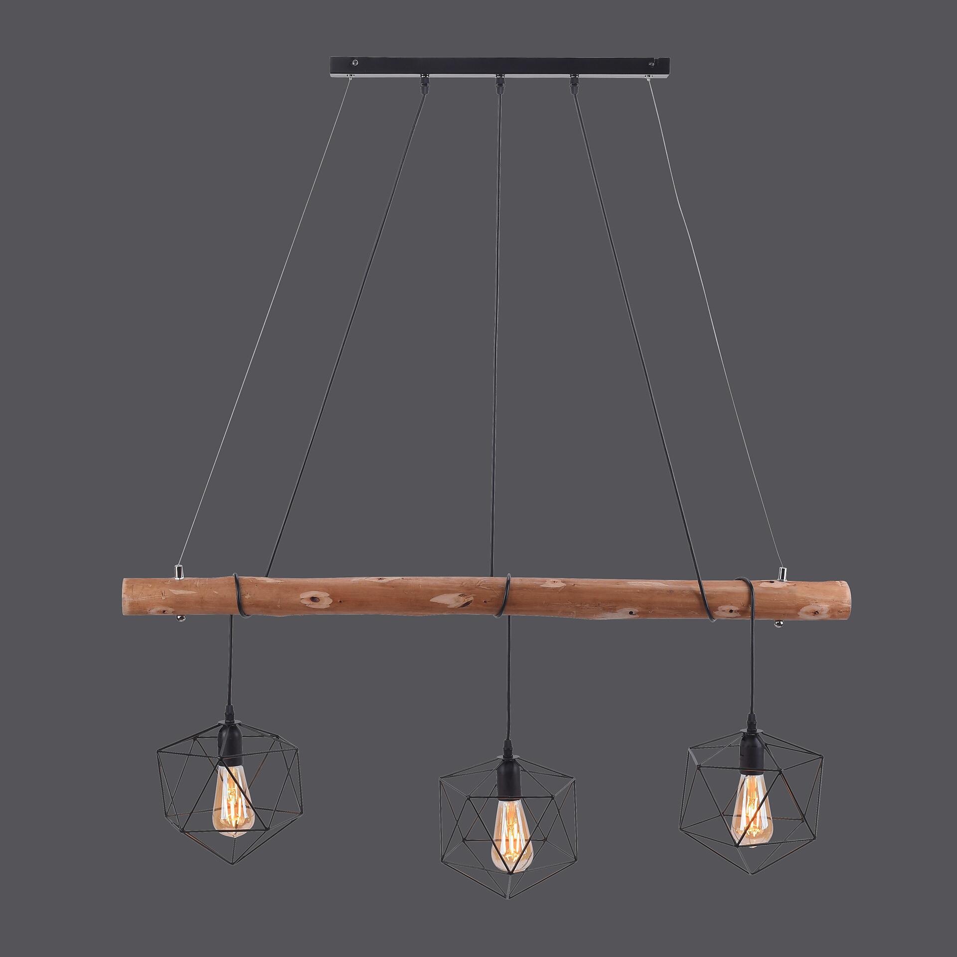 Just Light Pendelleuchte  PN15514-18 schwarz Holz Metall Glas B/H/L: ca. 20x120x100 cm E27 3 Brennstellen