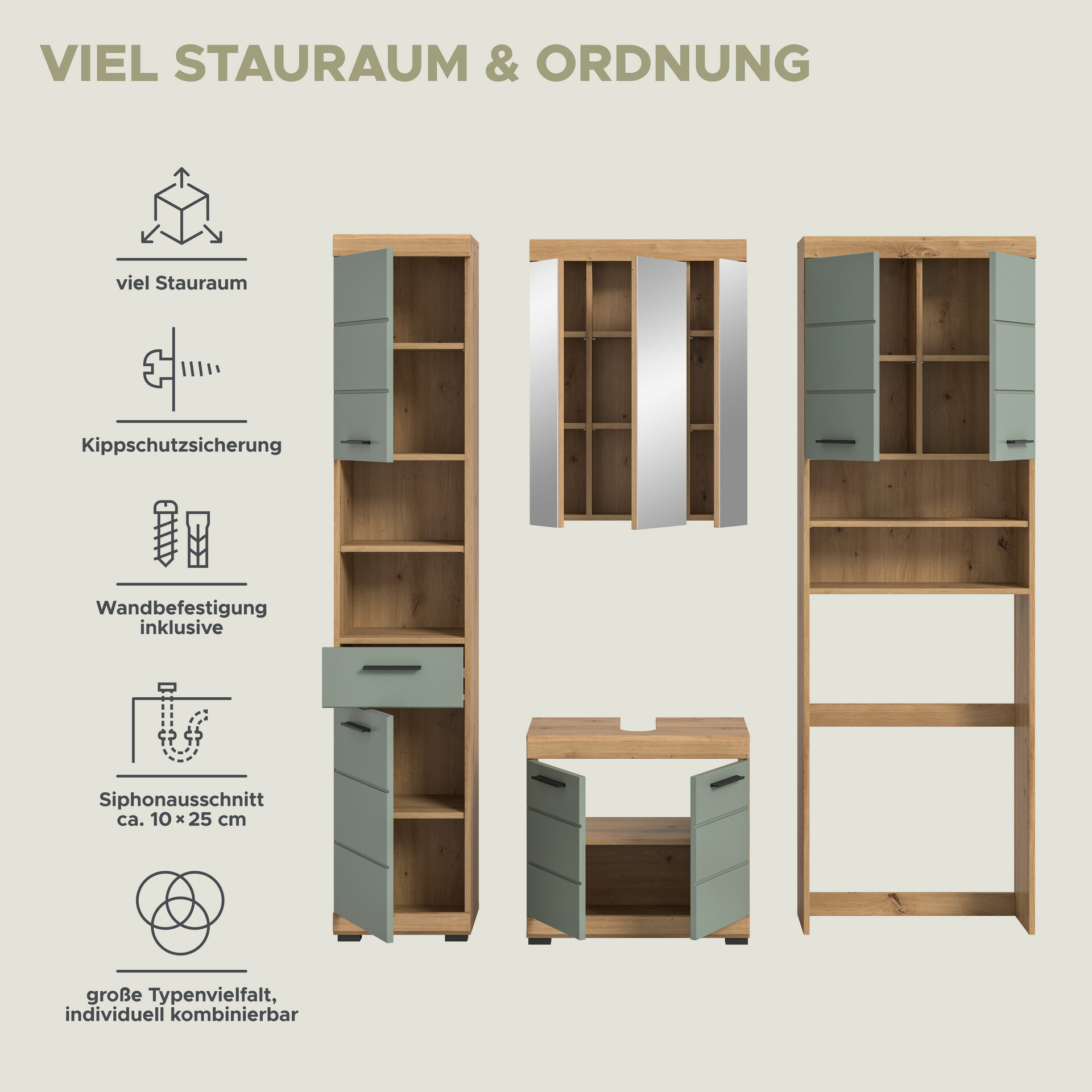 Badezimmer-Set Scout Eiche Artisan Nachbildung salbei Nachbildung B/H/T: ca. 190x191x34 cm