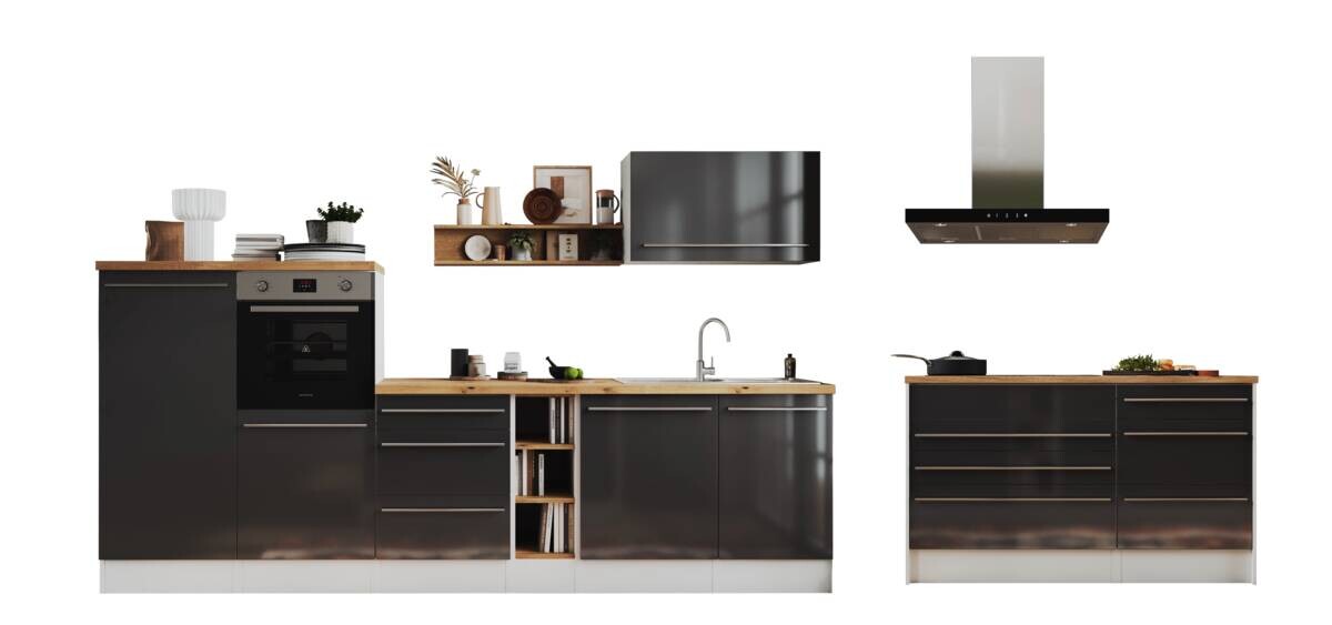 Respekta Inselküche Gabriel grau Hochglanz B/H/T: ca. 320x91x60 cm