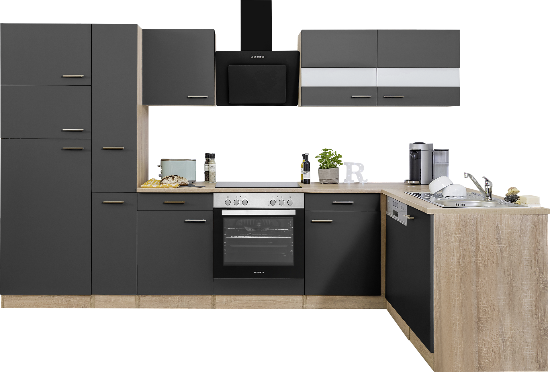 Respekta Winkelküche Economy grau matt B/H/T: ca. 310x200x172 cm