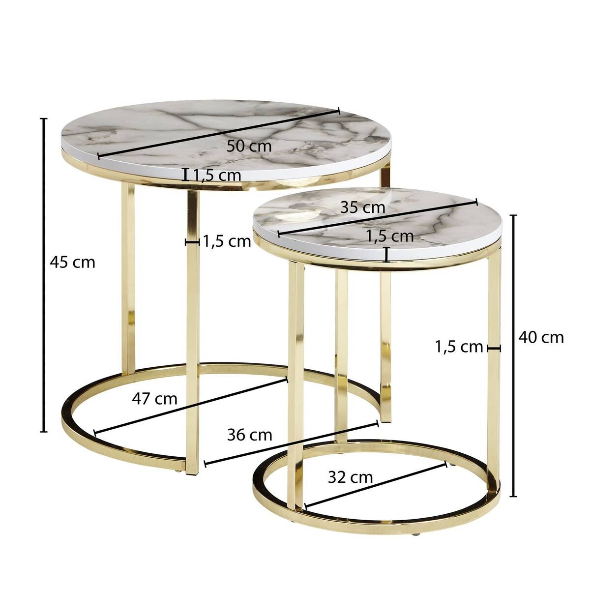 Wohnling Couchtisch 2er-Set. weiß Marmor gold MDF Stahl