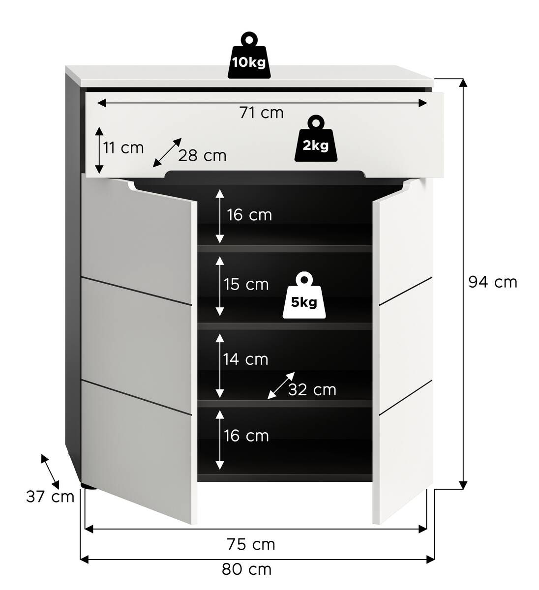 Schuhkommode Canu basaltgrau Nachbildung weiß B/H/T: ca. 80x94x37 cm