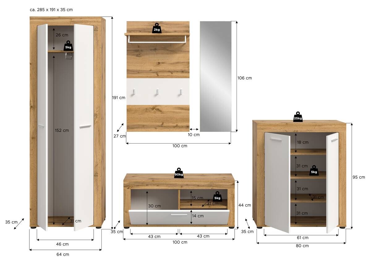 Garderobe JAM Eiche Wotan Nachbildung weiß B/H/T: ca. 185x191x35 cm
