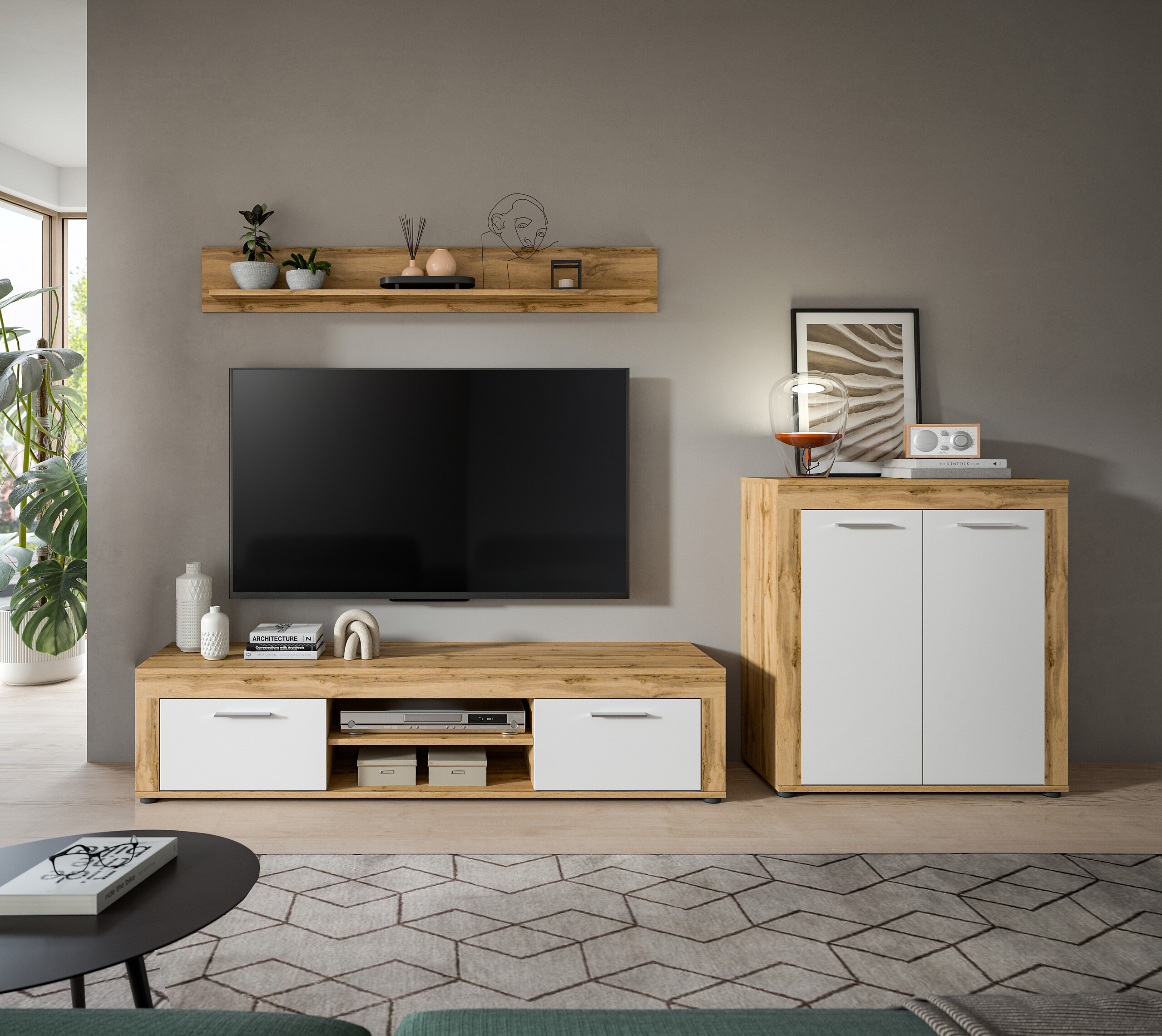 Wohnwand Jam Eiche Wotan Nachbildung weiß B/H/T: ca. 255x159x35 cm Wohnwand Jam Eiche Wotan Nachbildung weiß B/H/T: ca. 255x159x35 cm