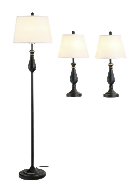 HOMCOM 3er Lampenset schwarz weiß Metall Polyester-Mischgewebe Stoff B/H/L: ca. 38x158x38 cm E27 3 Brennstellen