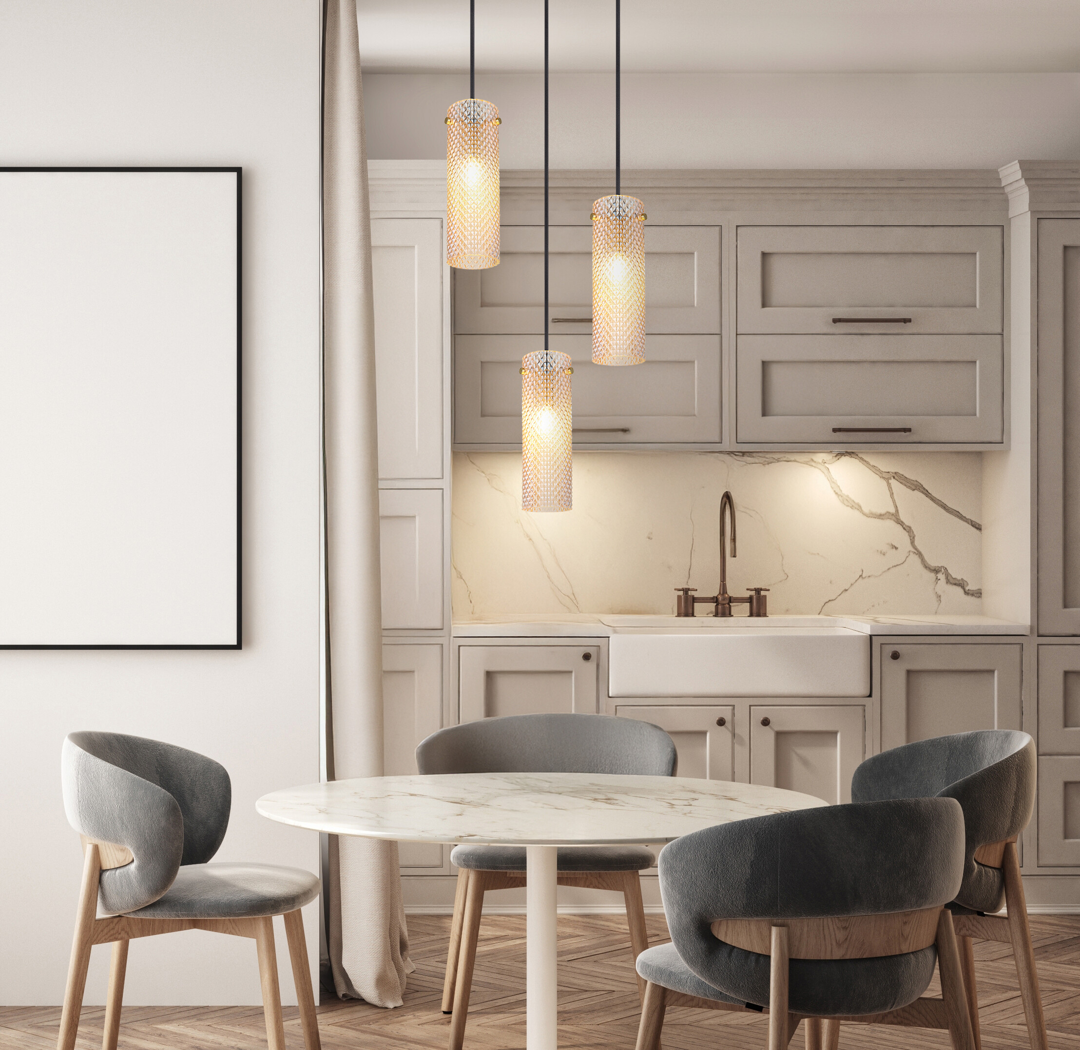 GLOBO Pendelleuchte amber gold Glas Metall H/D: ca. 120x35 cm E14 3 Brennstellen