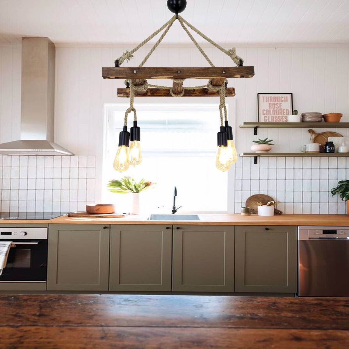 Opviq Pendelleuchte Merdiven nussbaum B/H/T/L: ca. 80x60x34x80 cm E27 4 Brennstellen