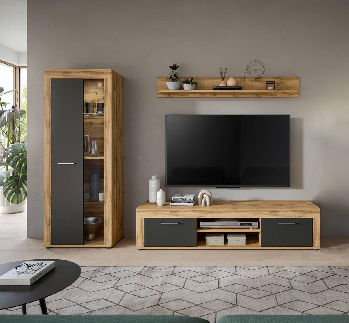 Wohnwand Jam Eiche Wotan Nachbildung grau B/H/T: ca. 235x159x35 cm