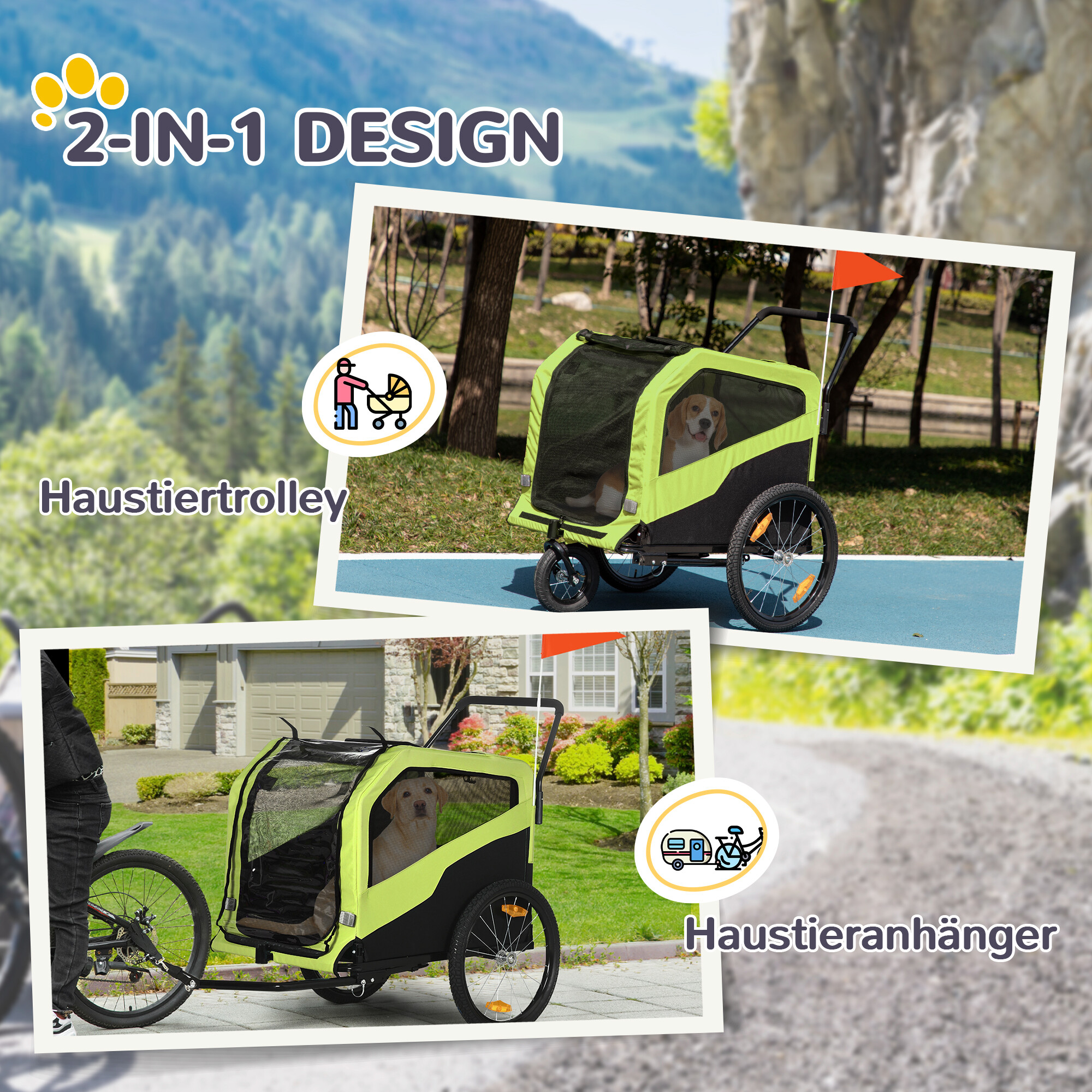 PawHut Hundeanhänger grün Stahl B/H/L: ca. 77x90x170 cm