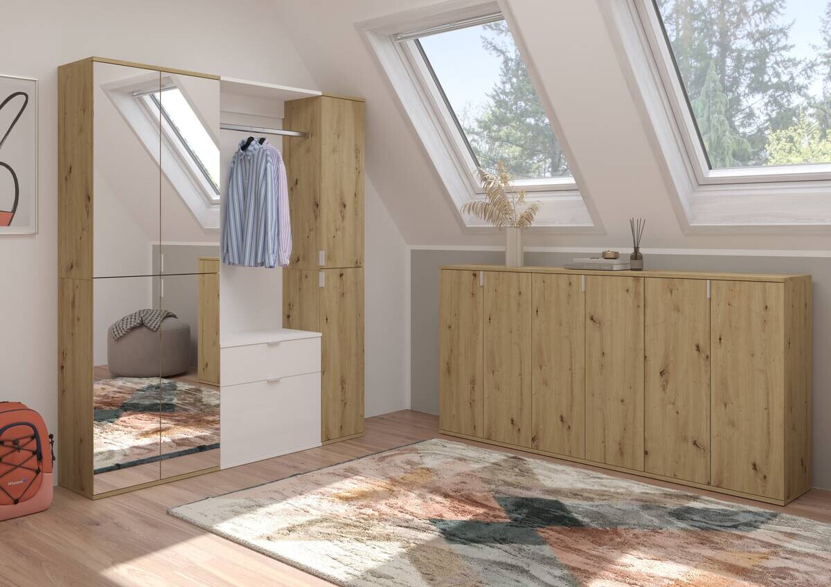 Garderobe PROJEKT Eiche Artisan Nachbildung weiß Hochglanz Spiegel B/H/T: ca. 152x193x34 cm Garderobe PROJEKT Eiche Artisan Nachbildung weiß Hochglanz Spiegel B/H/T: ca. 152x193x34 cm