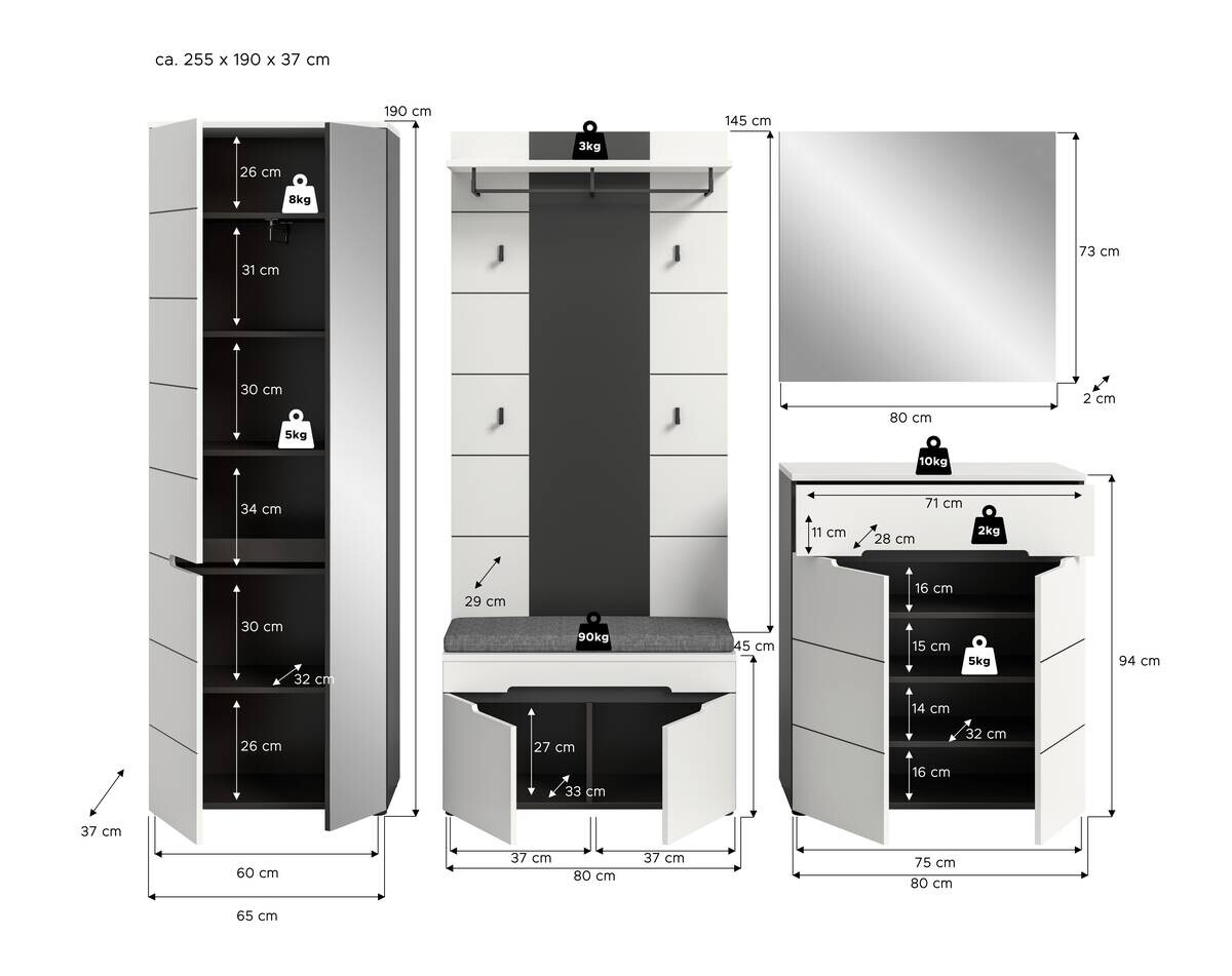 Garderobe Canu basaltgrau Nachbildung weiß B/H/T: ca. 255x190x37 cm