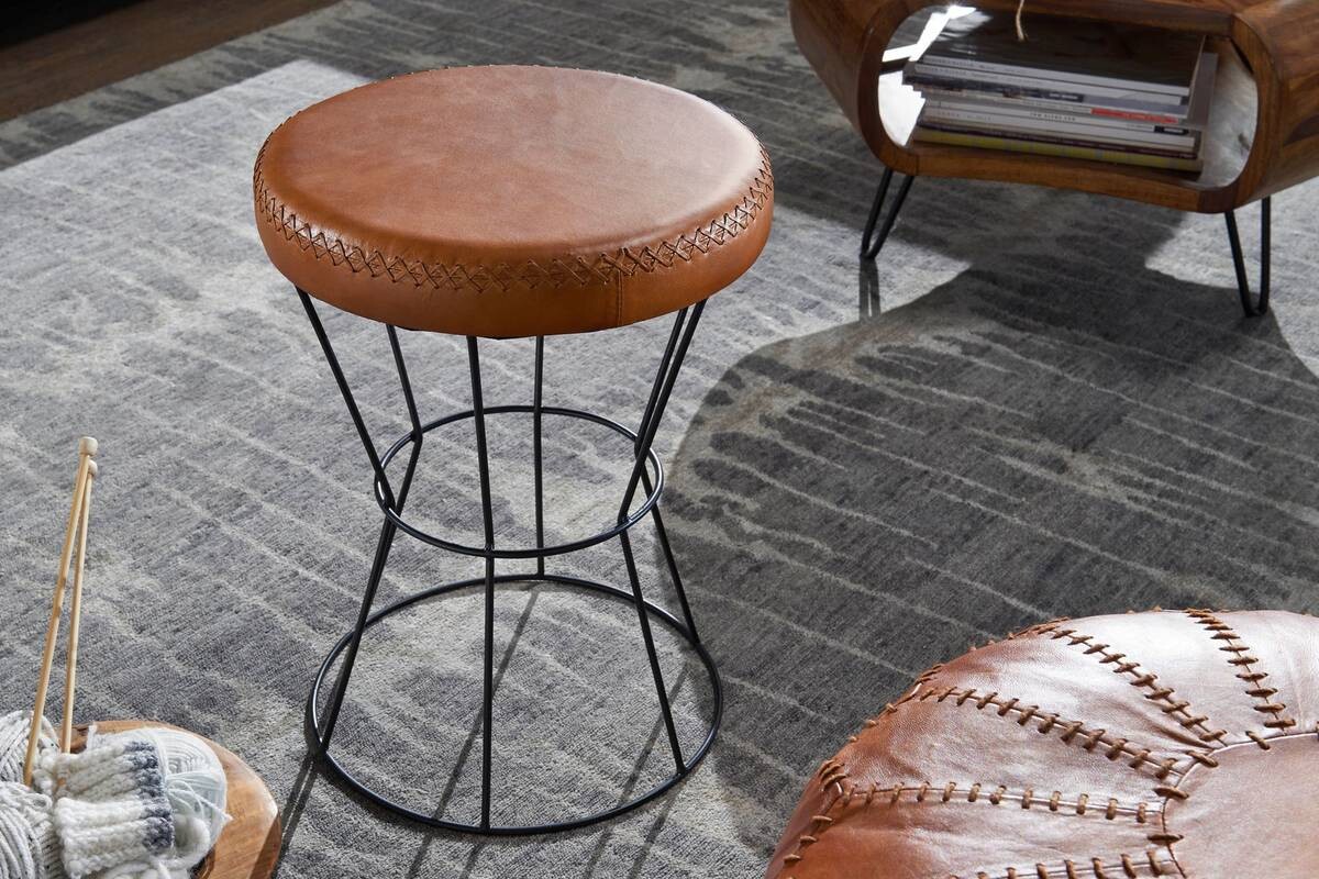 Wohnling Sitzhocker braun schwarz Leder Eisen B/H/T: ca. 35x48x35 cm