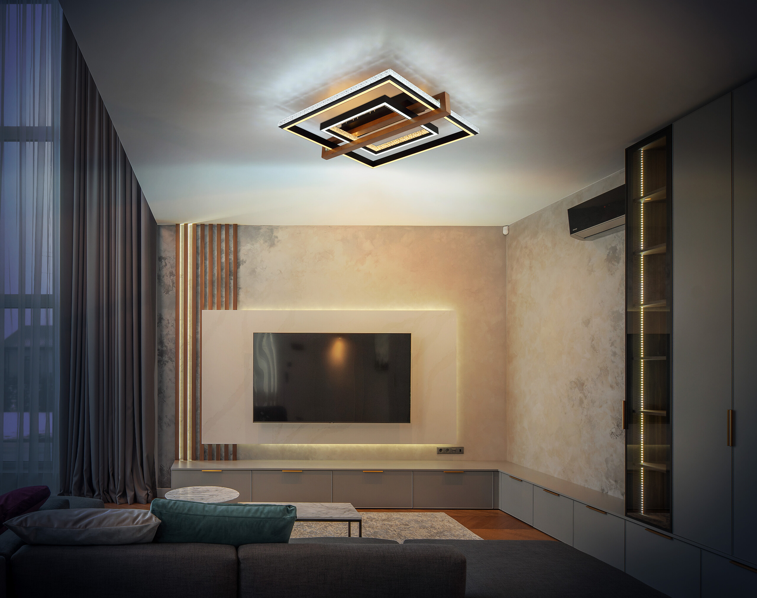 GLOBO LED-Deckenleuchte Opal dunkelbraun mattschwarz Holz Metall Kunststoff B/H/L: ca. 55x11,5x50 cm 1 Brennstellen