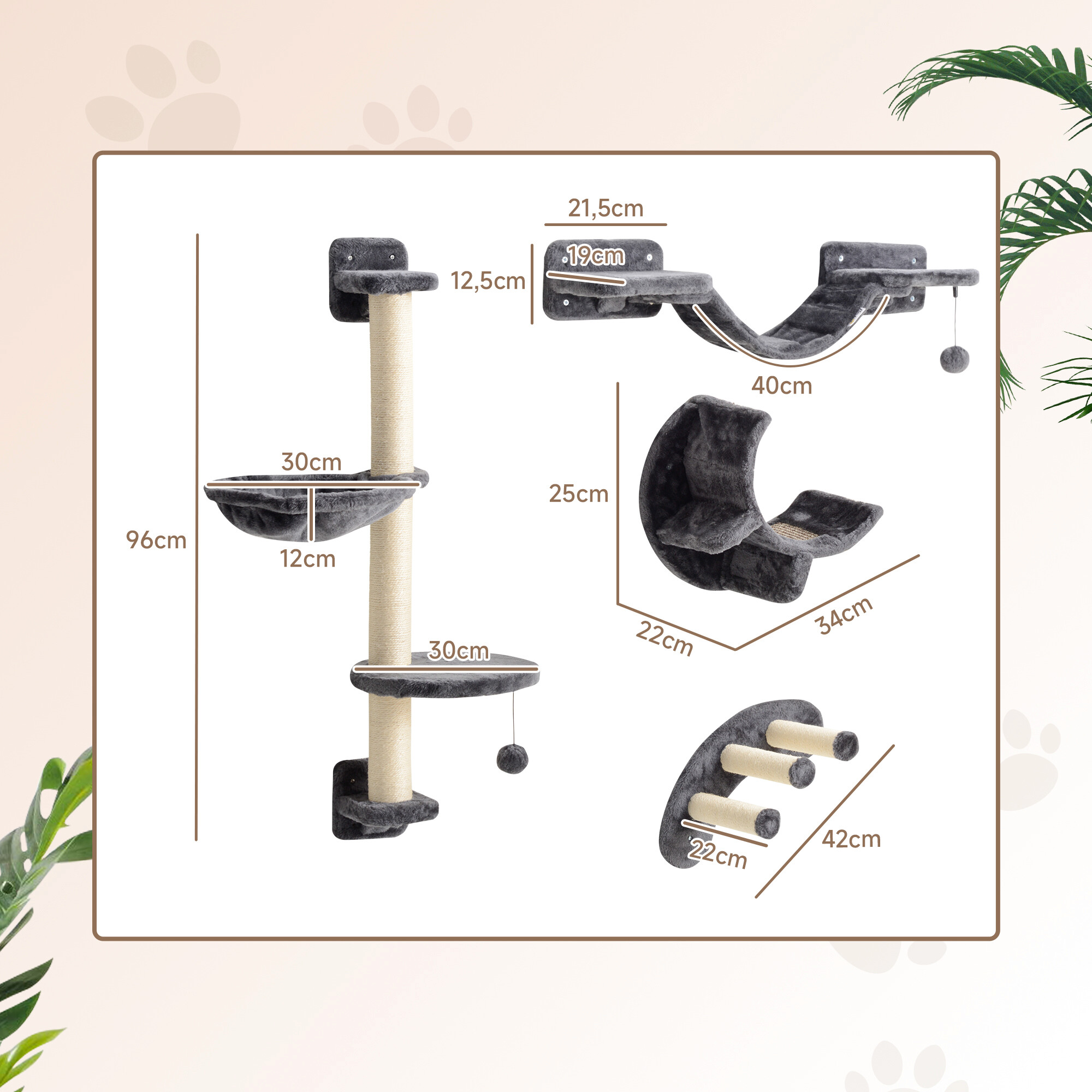 PawHut Katzen Kletterwand dunkelgrau Spanplatte B/H/L: ca. 30x96x30 cm