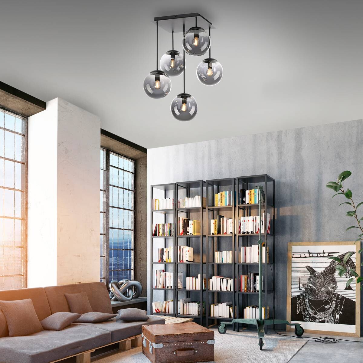 Just Light Deckenleuchte BIG WIDOW 14602-18 schwarz Rauchglas Metall B/H: ca. 39x58,5 cm E14 5 Brennstellen