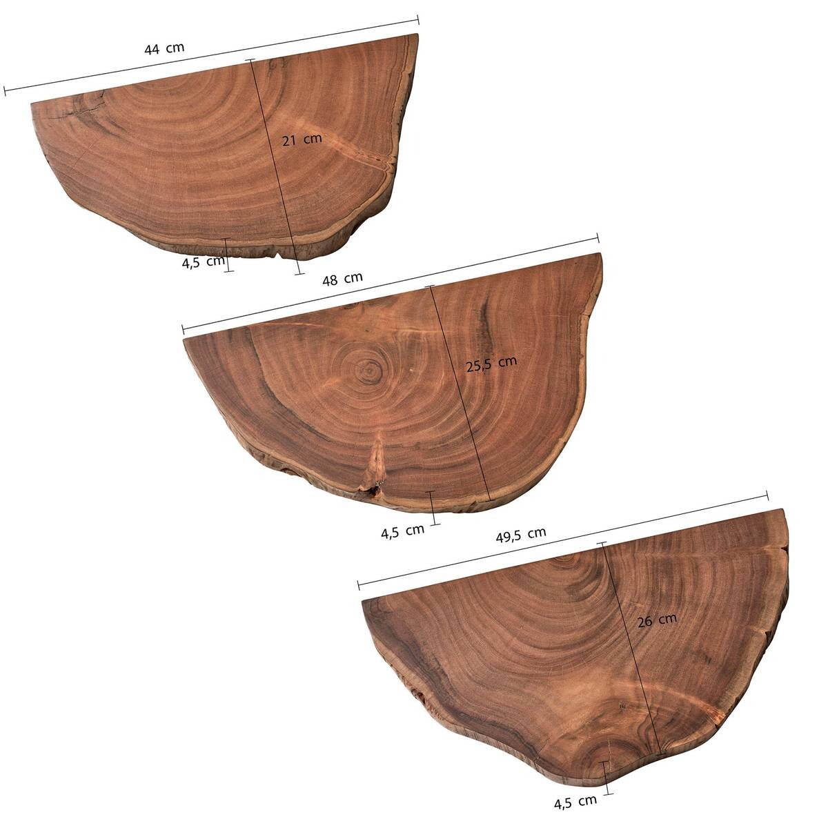 Wandregal 3er.-Set. Akazie Nachbildung B/H/T: ca. 47x4x25 cm