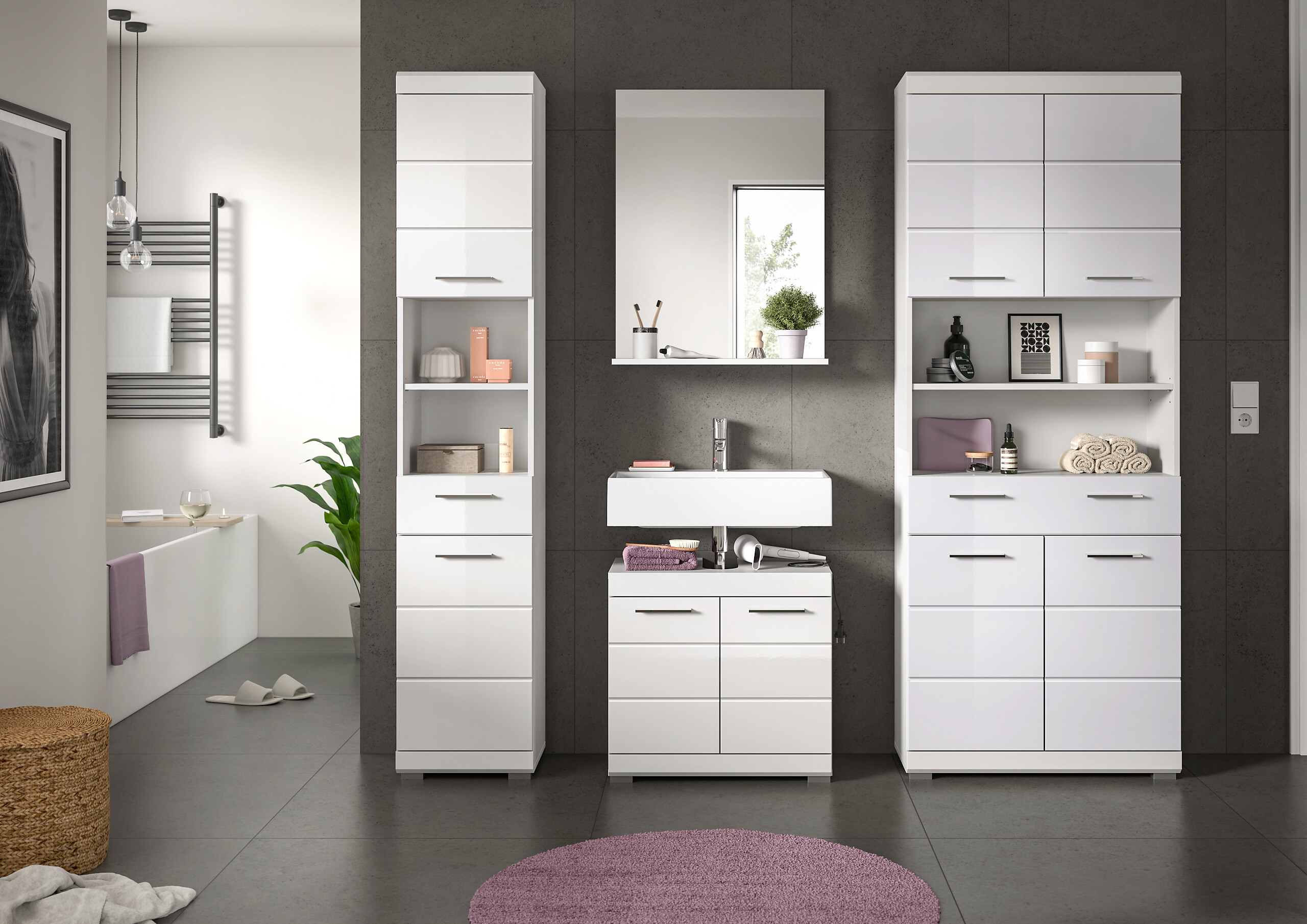 Badezimmer-Set Scout weiß weiß Hochglanz B/H/T: ca. 186x191x34 cm Badezimmer-Set Scout weiß weiß Hochglanz B/H/T: ca. 186x191x34 cm