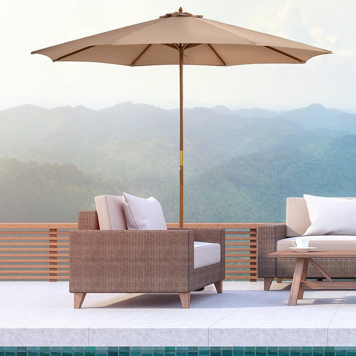 Outsunny Sonnenschirm khaki Bambus H/D: ca. 250x300 cm