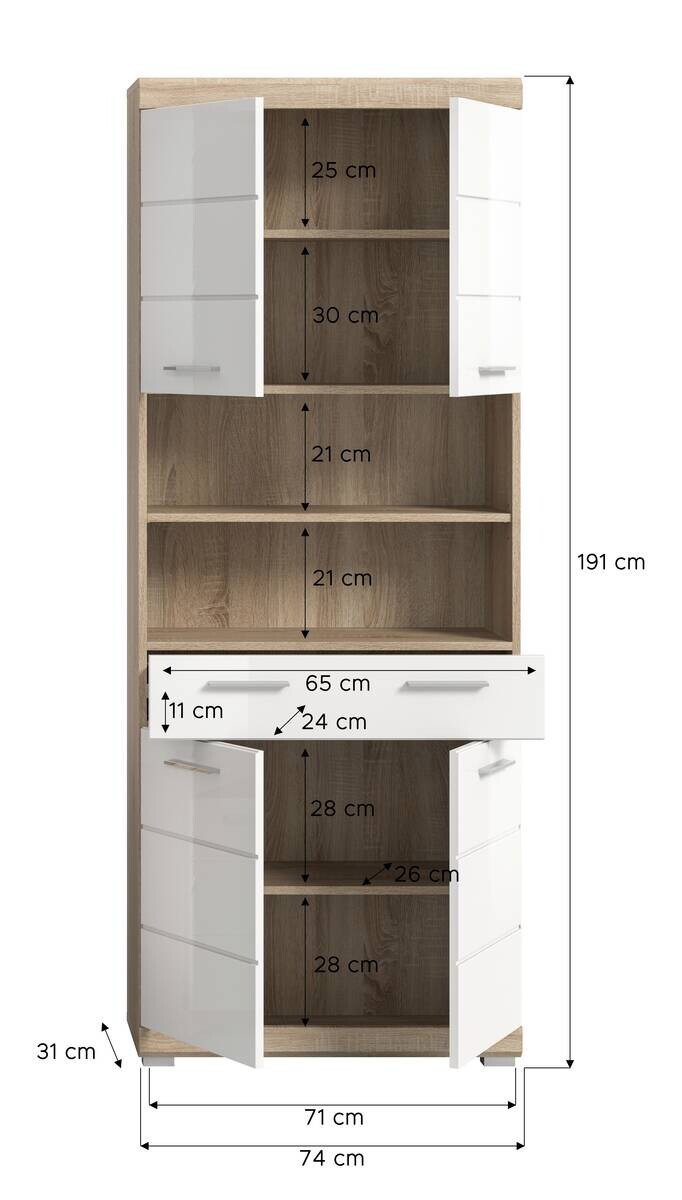 Badhochschrank Lambada Eiche Sonoma Nachbildung weiß Hochglanz B/H/T: ca. 74x191x31 cm