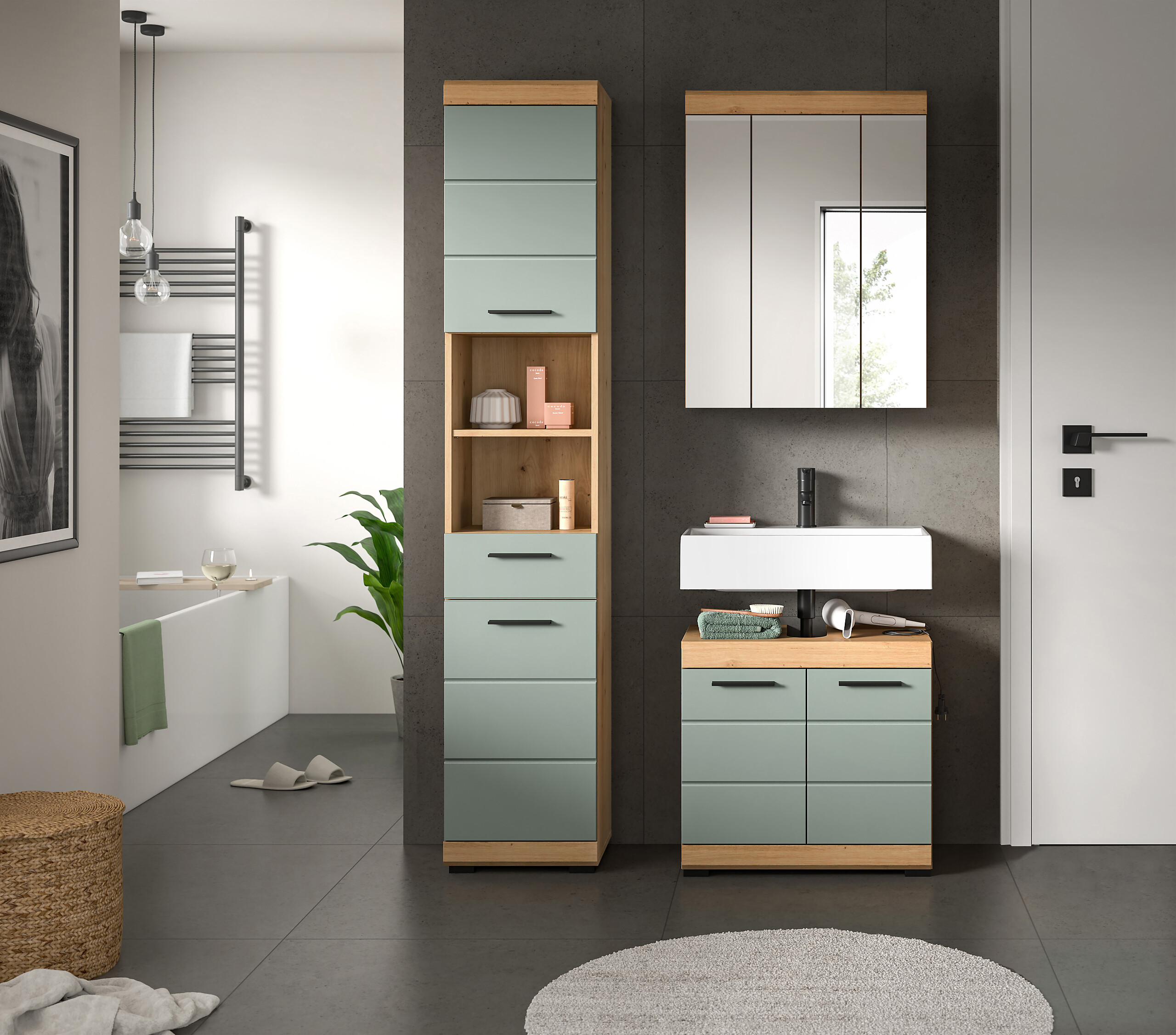 Badezimmer-Set Scout Eiche Artisan Nachbildung salbei Nachbildung B/H/T: ca. 112x191x34 cm Badezimmer-Set Scout Eiche Artisan Nachbildung salbei Nachbildung B/H/T: ca. 112x191x34 cm