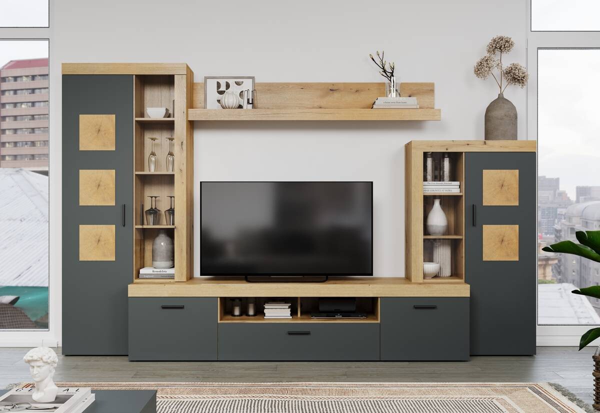 Wohnwand Tyler Eiche Evoke Coast Nachbildung anthrazit B/H/T: ca. 331x206x50 cm