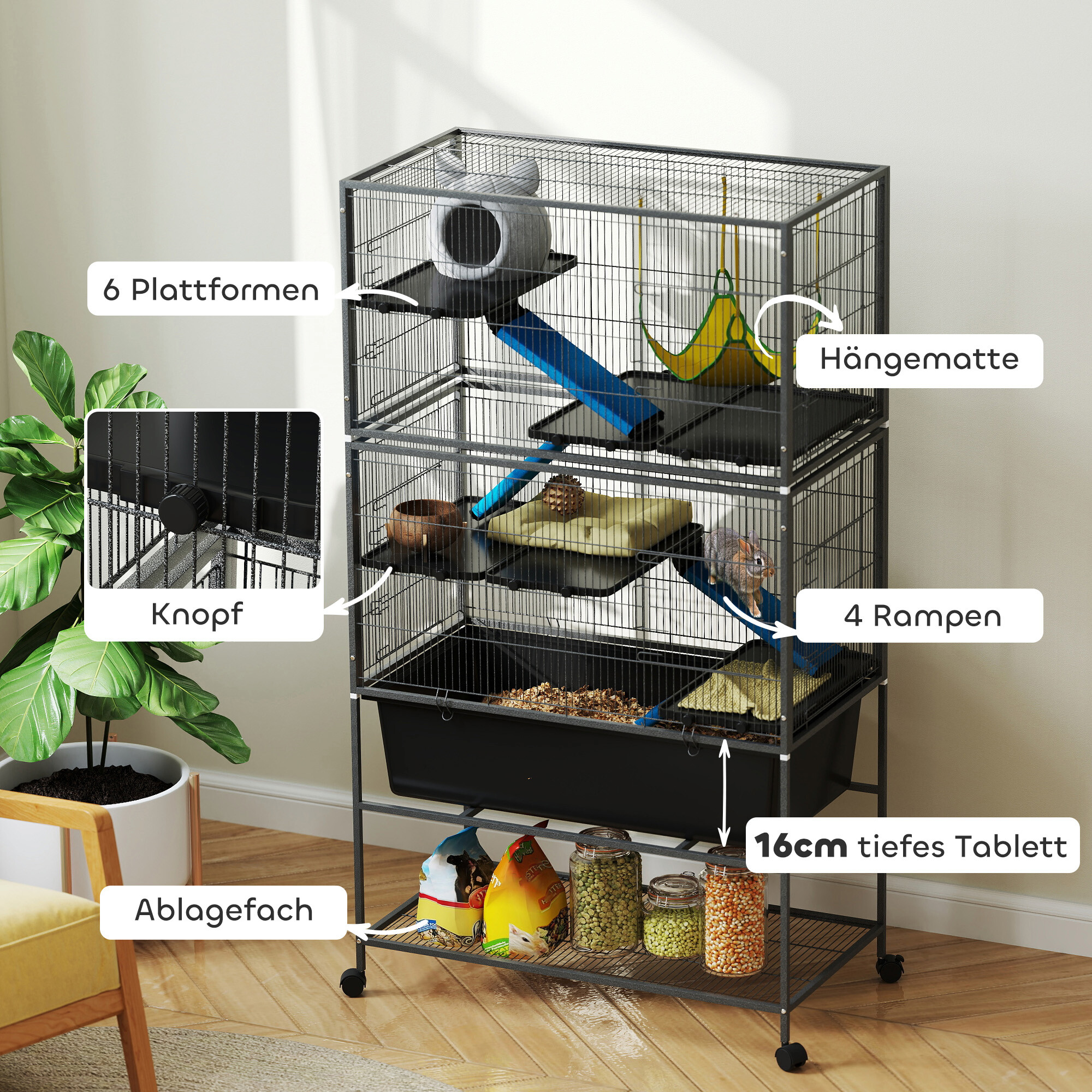 PawHut Kleintierkäfig dunkelgrau Stahl B/H/L: ca. 48x150,5x88 cm